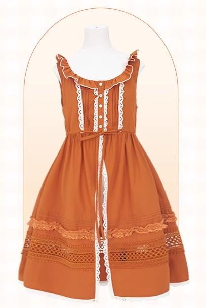 Mademoiselle Pearl~Persimmon~Autumn Persimmon Print Lolita OP JSK SK Dress XS Pinafore (L M S XL XS / Pinafore) 29100:396058