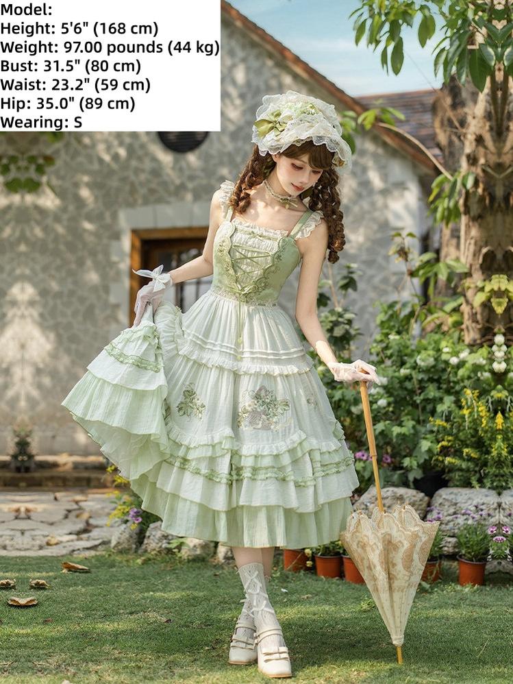 Green Grape - Embroidered Country Lolita OP Dress, Tiered JSK