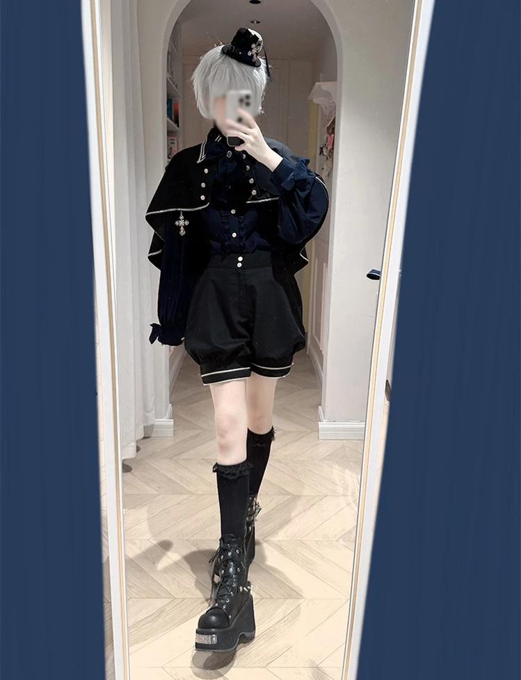 Fallen Holy Star - Ouji Lolita Ruffled Chiffon Blouse & Cape Set, Elastic Shorts 45816:863702