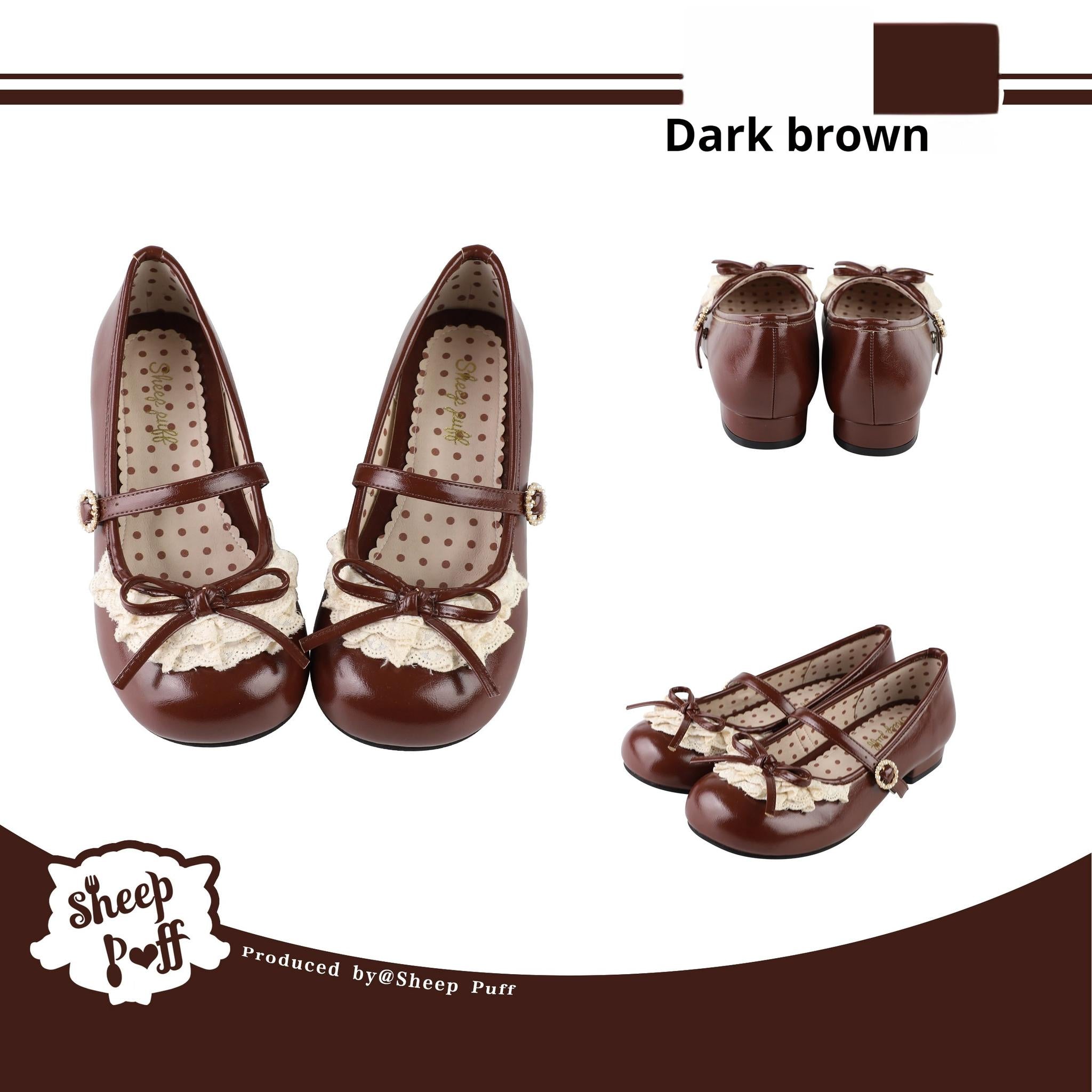 Sheep Puff - Young Layla - Vintage Lolita Shoes Low Heel Butterfly Shoes 34 Dark Brown - low heels