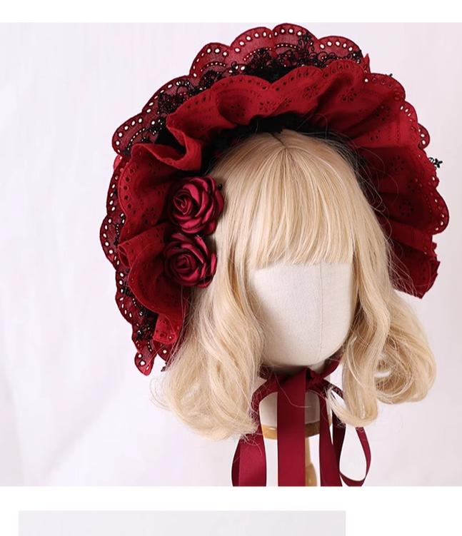 Xiaogui - Classic Lolita Bonnet Lace Elegant Lolita Hat One Size Dark red + dark red flowers