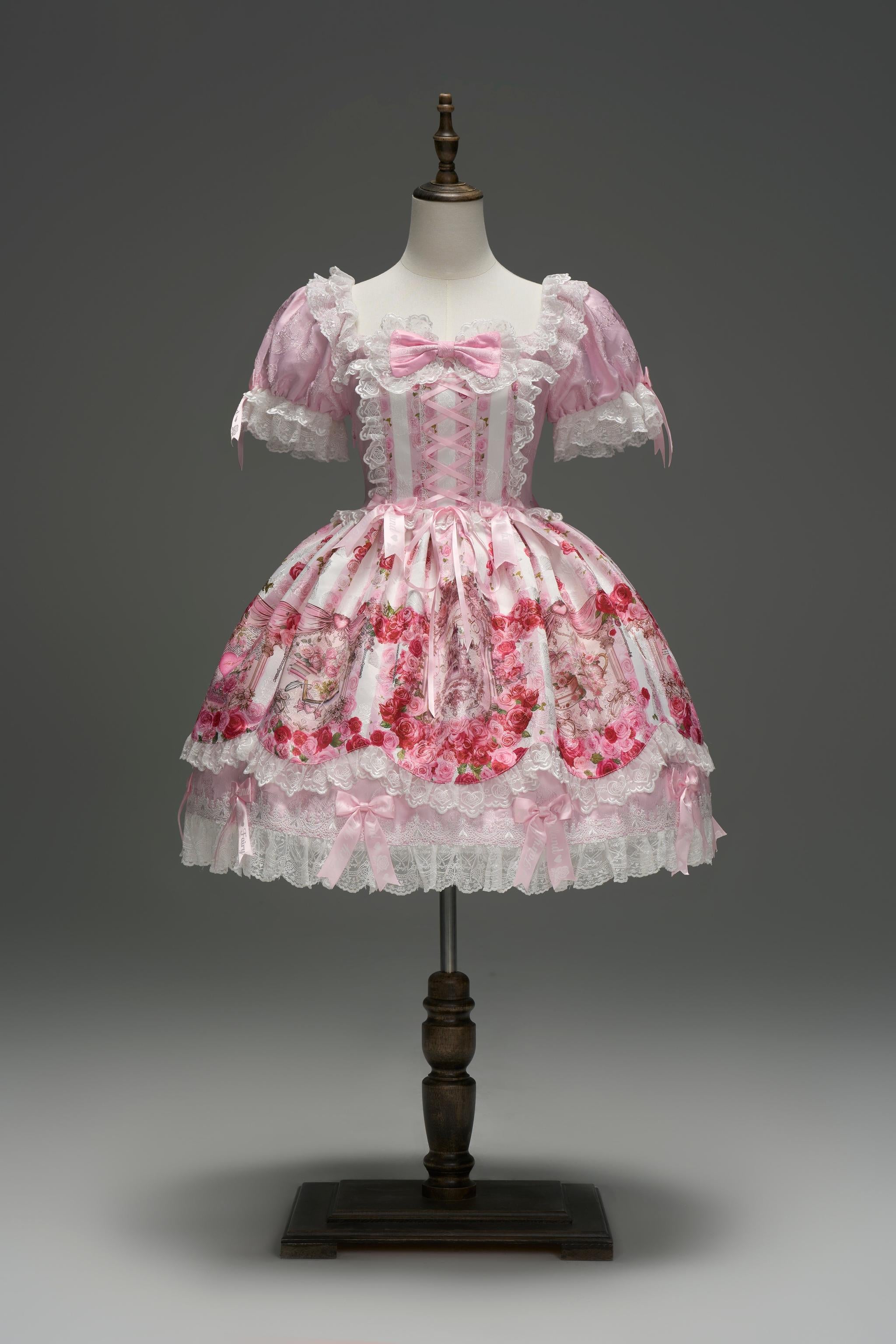 Rose Dream Isle - Sweet Lolita Rose Wall Print Dress, Embroidery & Bows Square-Neck OP XS