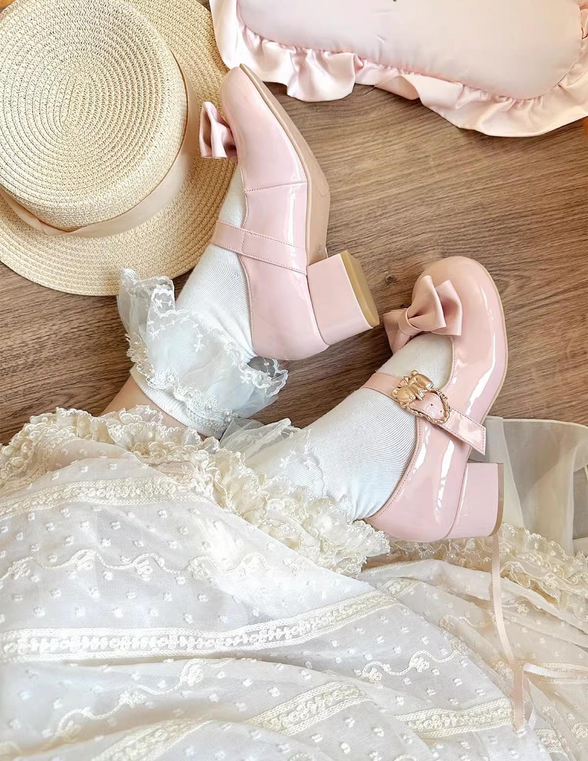 Sheep Puff - Hug Bear - Sweet Lolita Heel Shoes Bear Metal Buckle Bow Shoes 35 Patent Leather Pink - Mid Heel