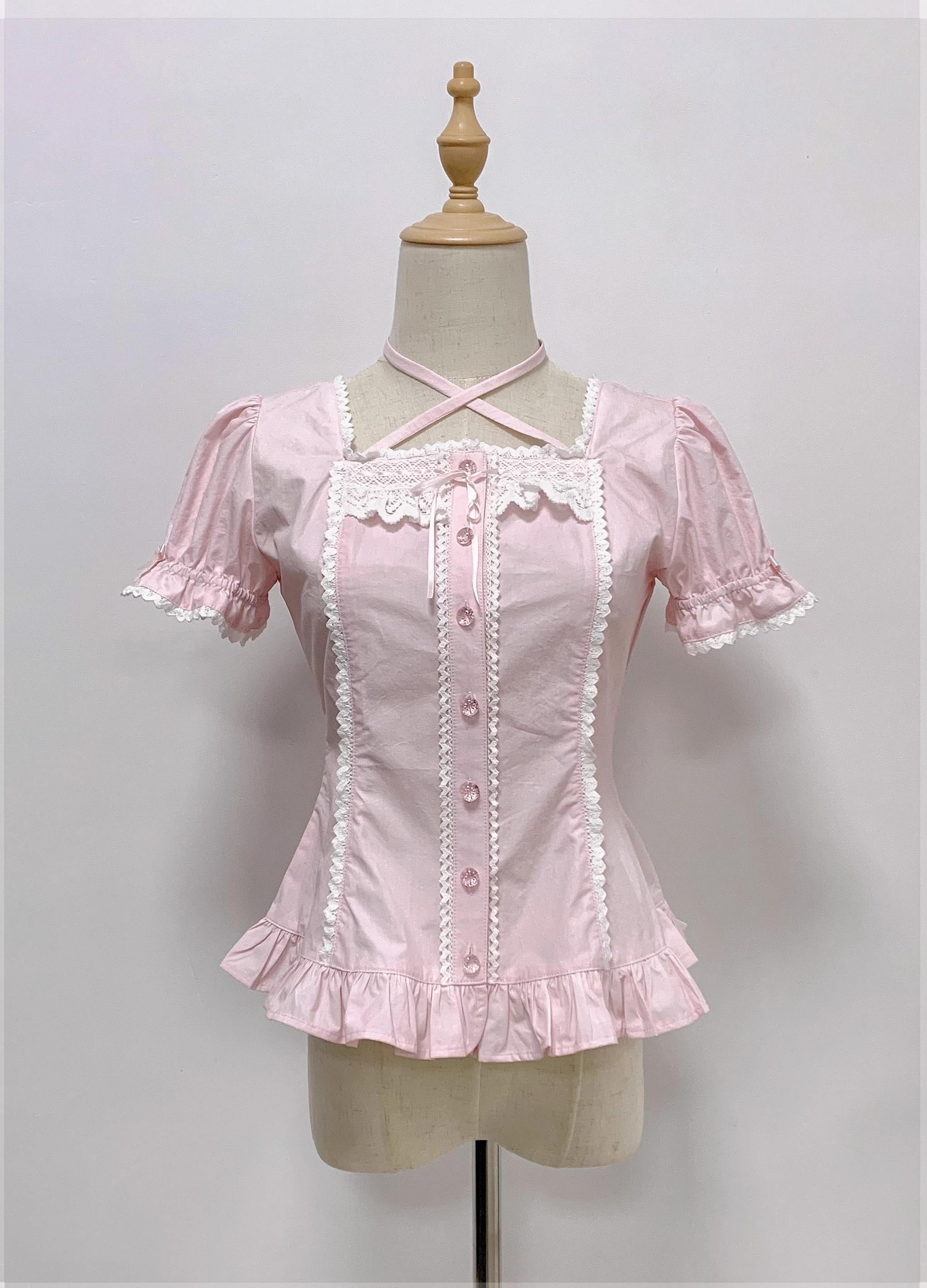 Haruhime Momoko - Cotton Old School Lolita Blouse, Cross Halter Neck Pink - Short Sleeve Blouse Only One Size