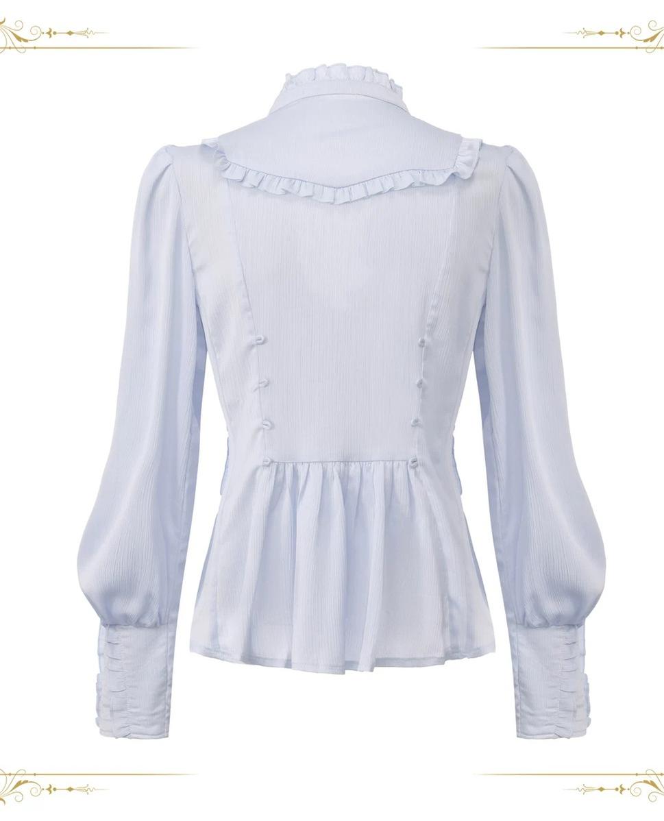 Eternal Rabbit Invitation - Ouji Lolita Vintage Long Sleeve Blouse, Ruffles V-Neck