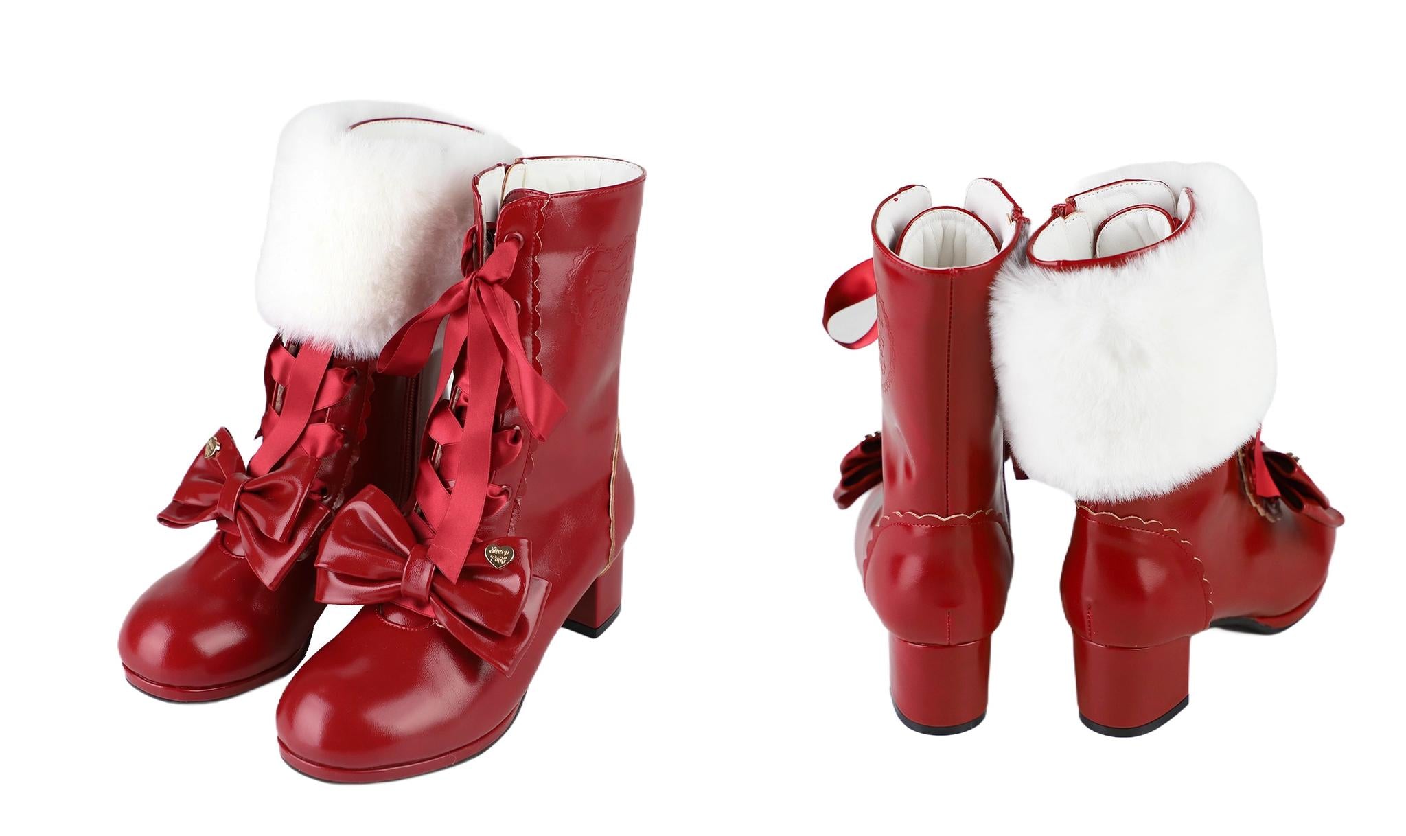 Sheep Puff - Snowy Mochi - Kawaii Lolita Winter Boots, Detachable Fur Trim (红色 / 35 36 37 38 39 40) 43995:791505