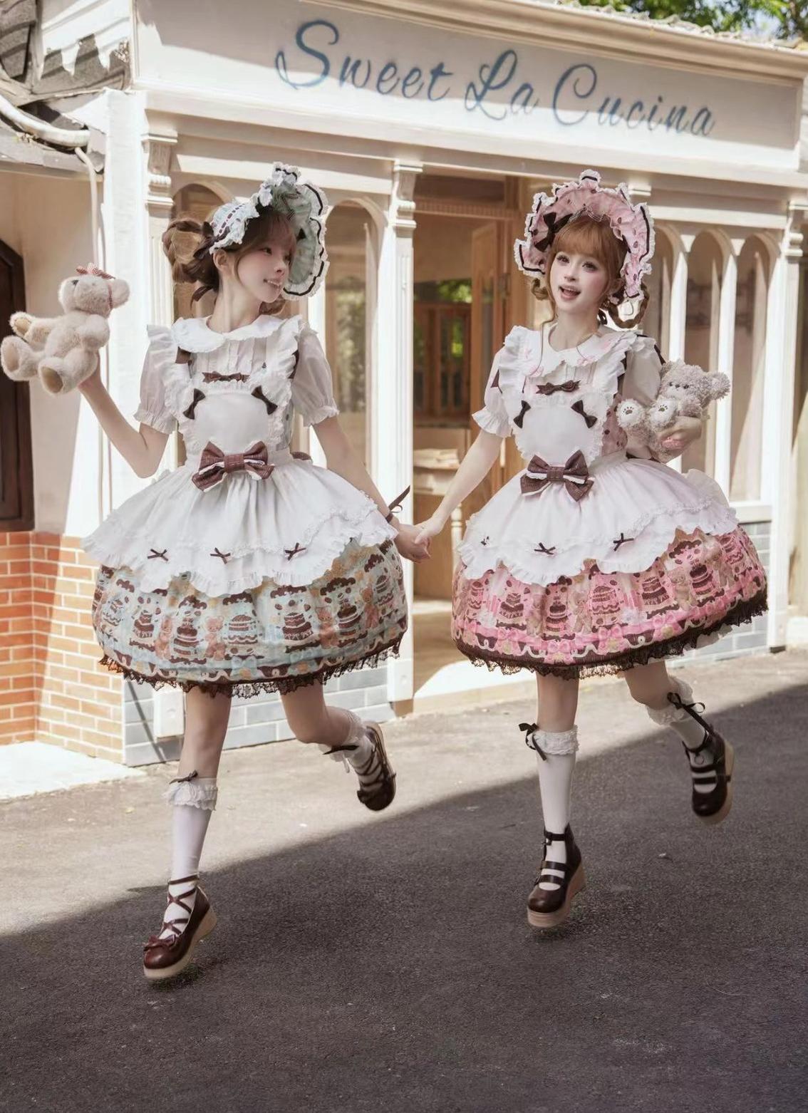 Cake Bear - Sweet Lolita Embroidered Collar Dress, Bear and Cake Print