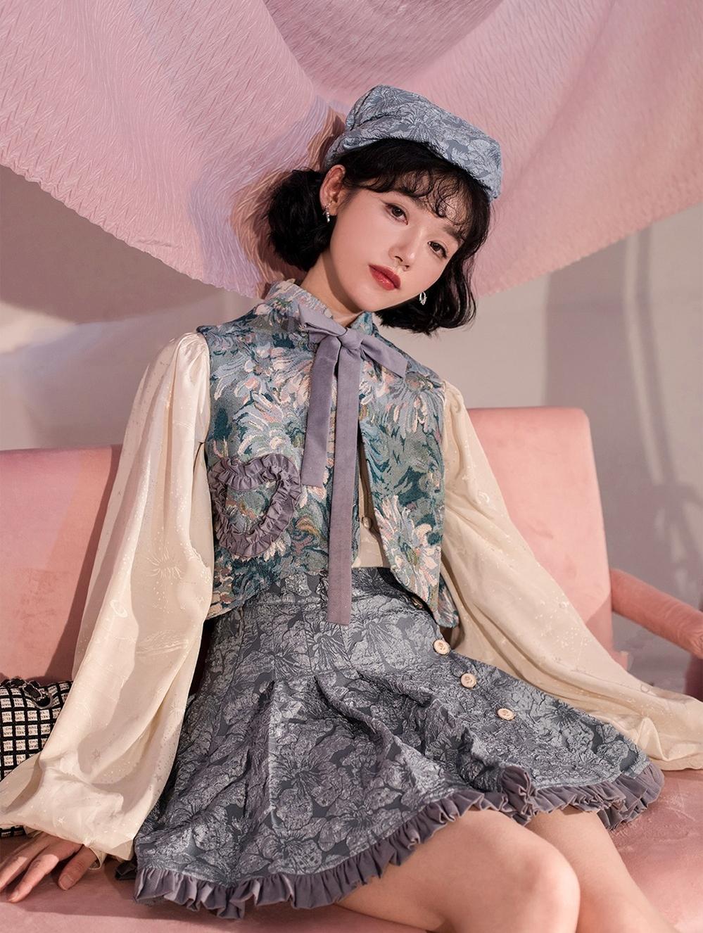 Gilded Age - Vintage Lolita Vest Suit, Oil Painting Style Skirt Coat