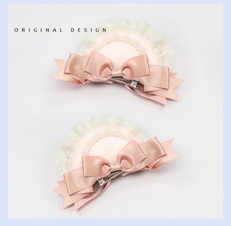 The Accessories' Story - Bear Ear Sweet Lolita Head Accessory Pink and White Lace Bear Ear Hair Clips / Pair