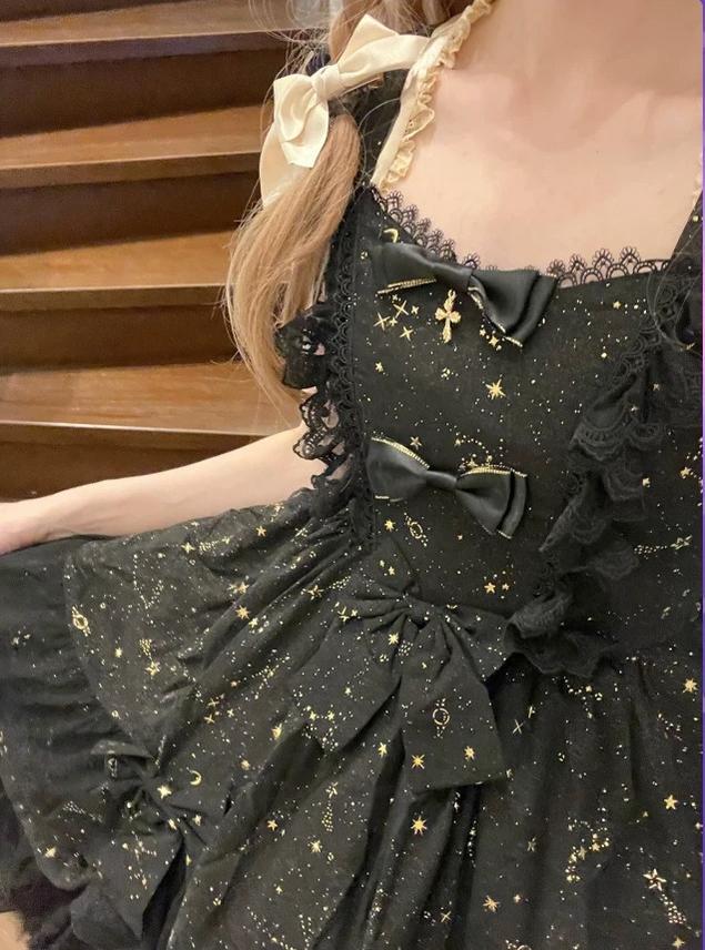 Star Wish - Classic Lolita JSK Dress, Gold Foil Constellation Chiffon 45954:869317