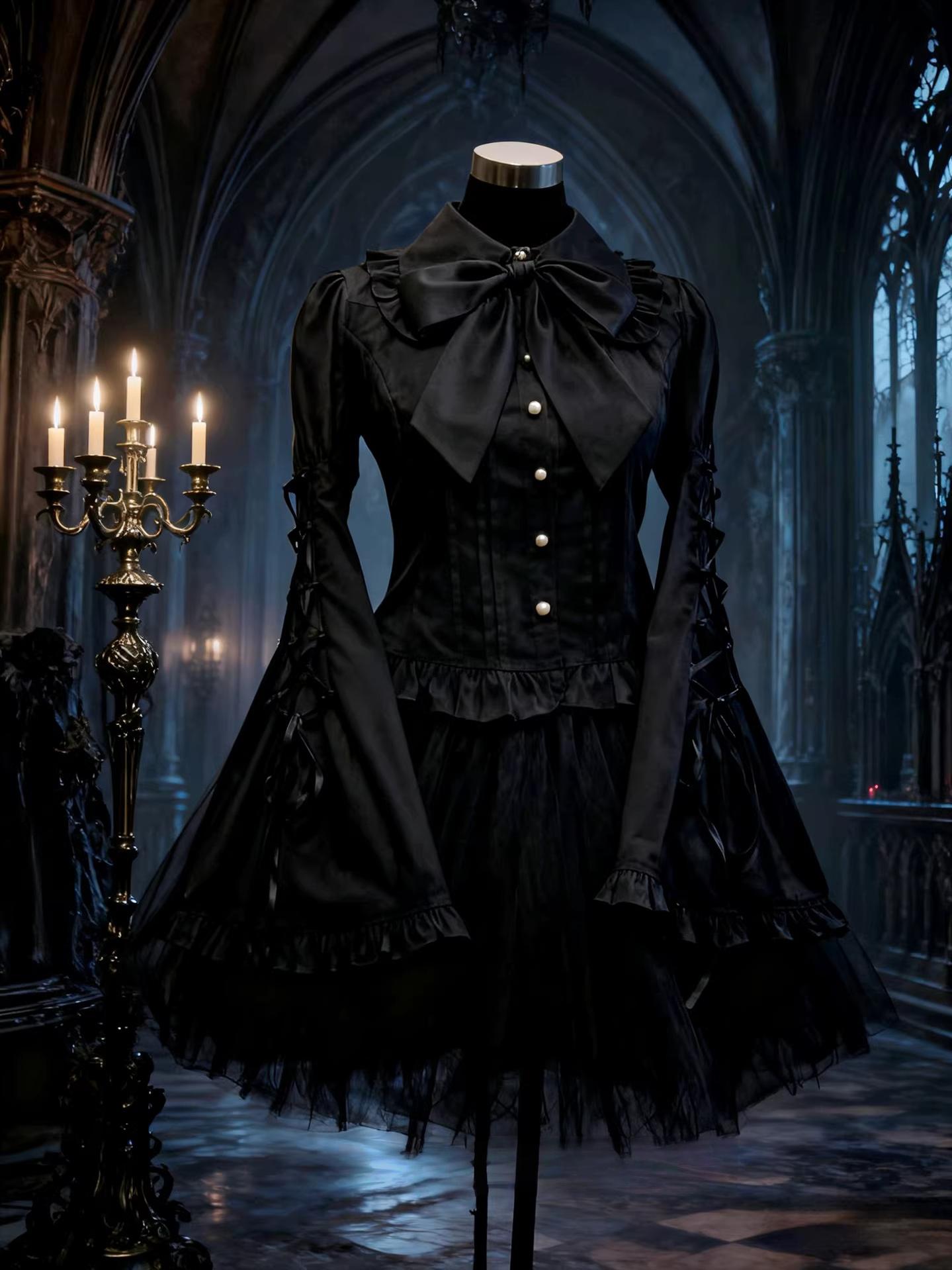 Night Prayer - Gothic Lolita Cotton Blouse, Hime Sleeve Black Blouse Only S
