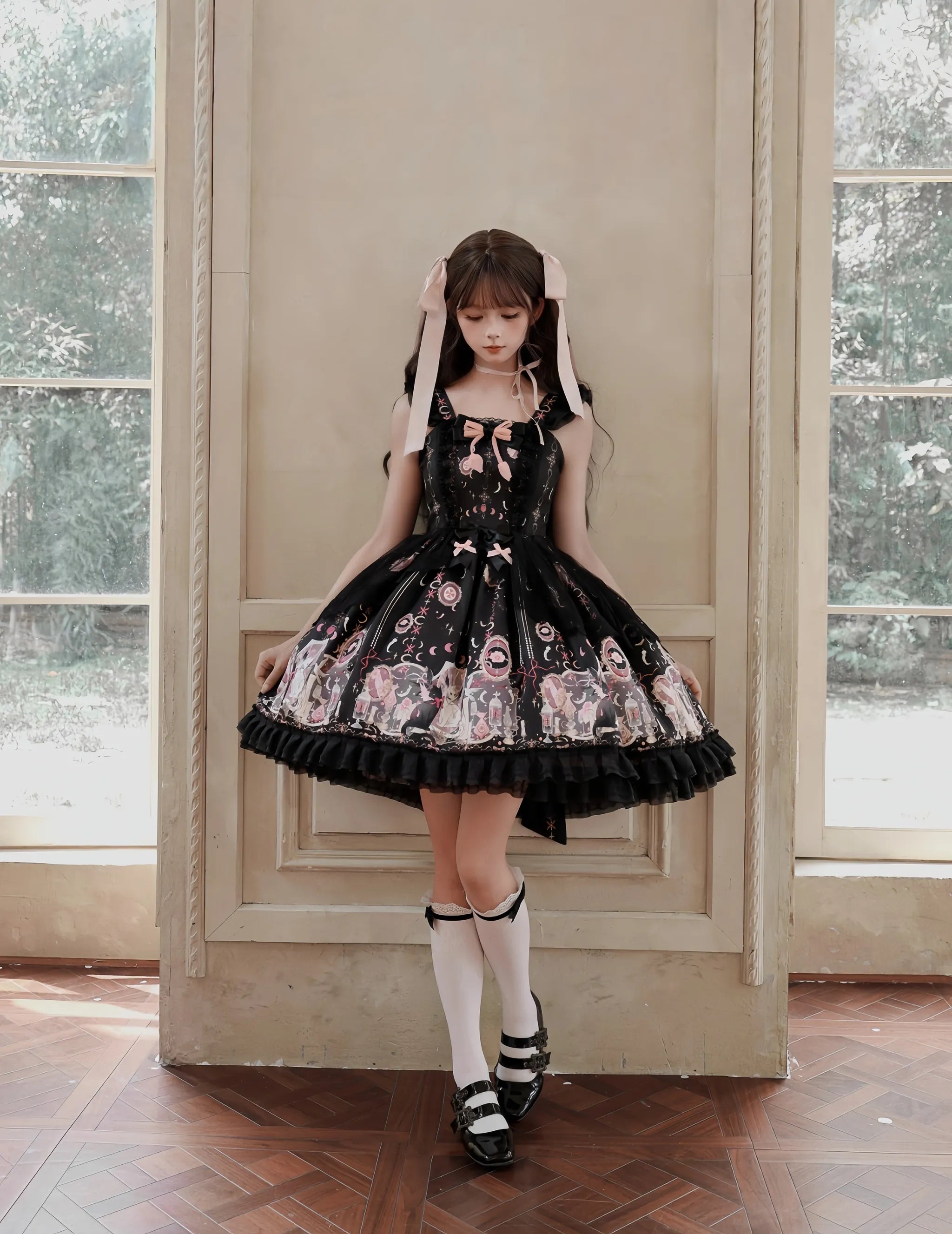 Lunar Cat Crown - Sweet Lolita Black JSK Dress, Angel Cat and Moon Print 45686:858736