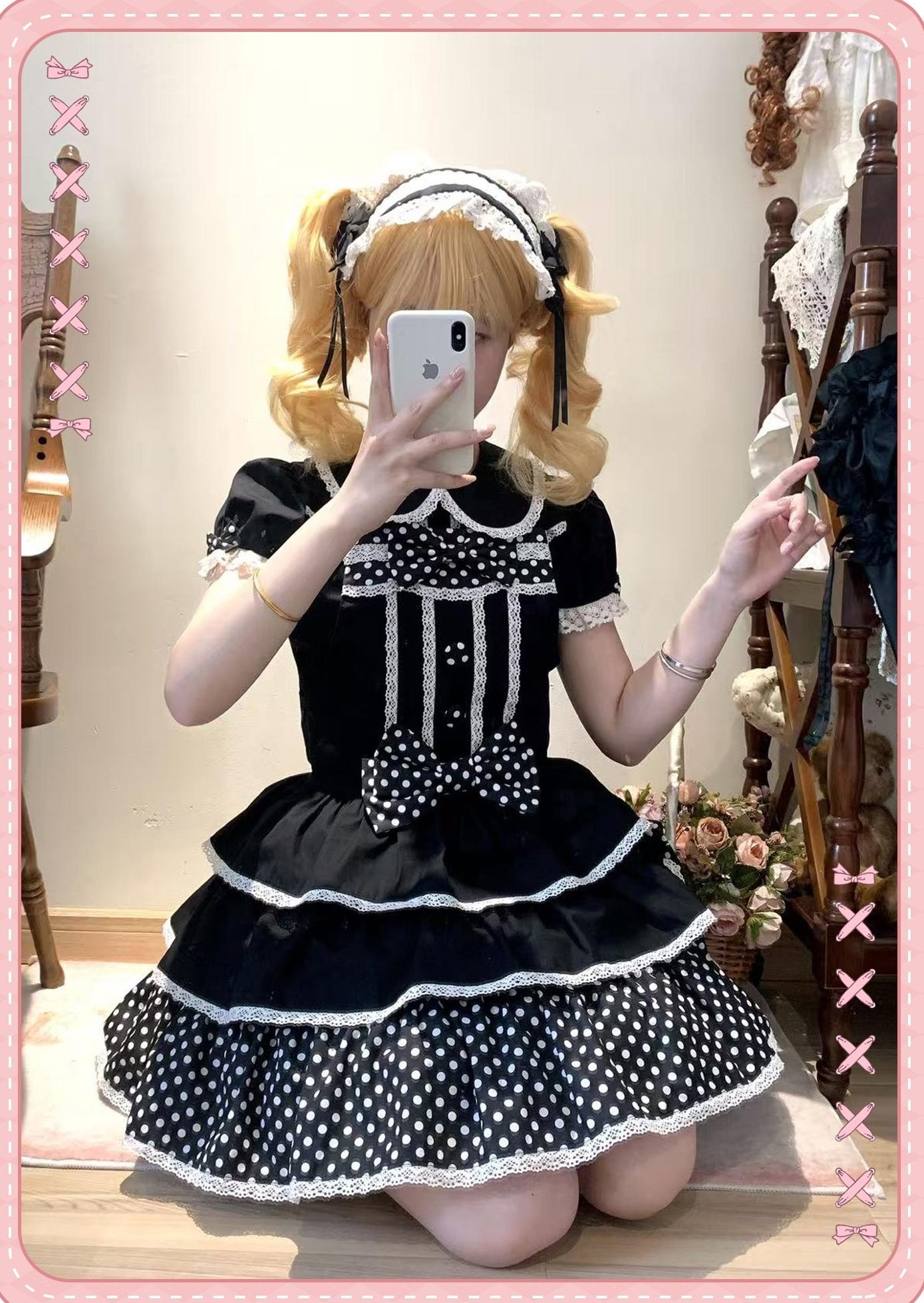 Sweet Dream Sheep - Polka Dot Tri-Hem - Cotton Sweet Lolita Salopette, Peter-pan Shirt