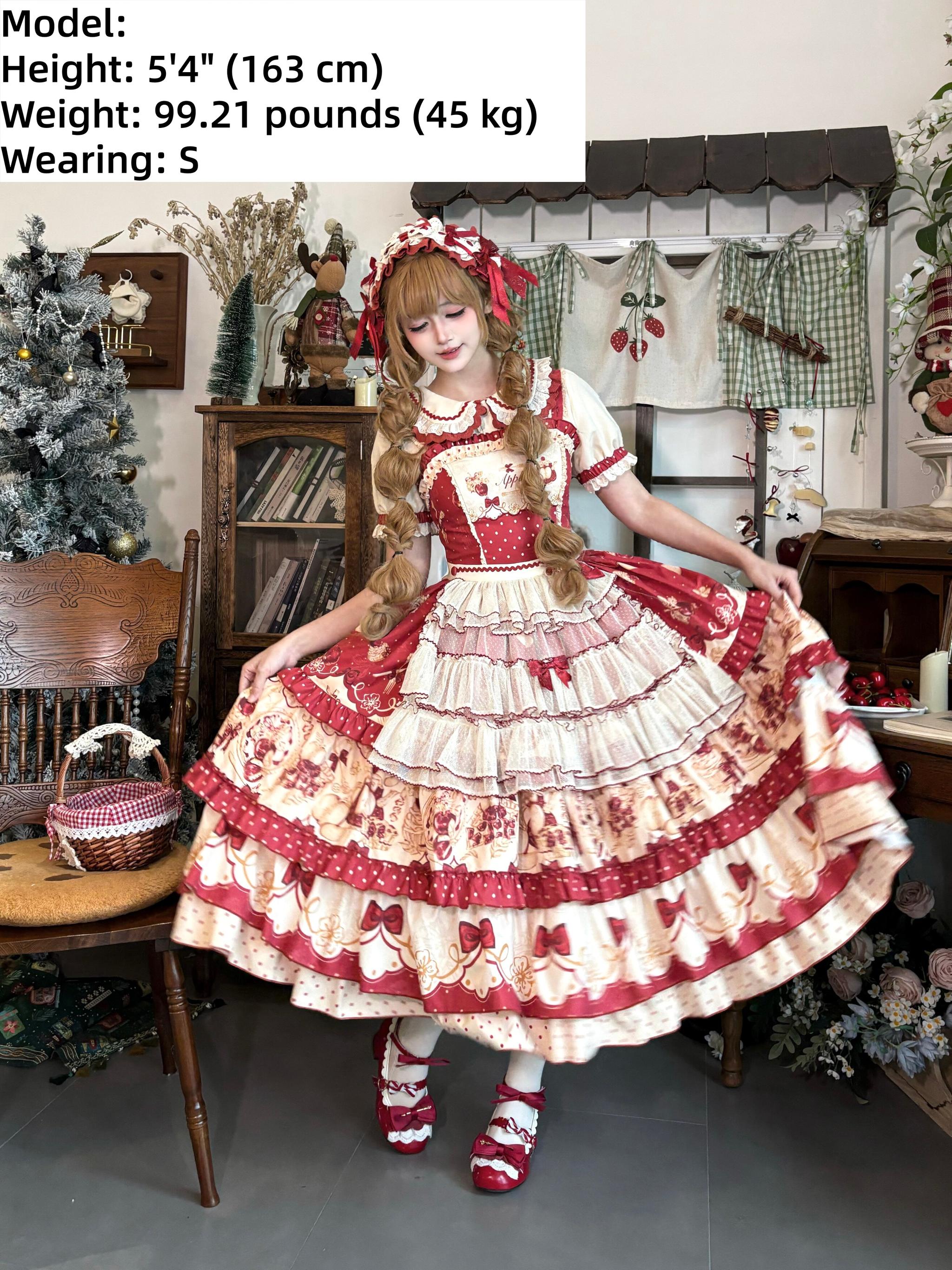 A Red Apple - Sweet Lolita JSK Dress, Tiered Hem Apron