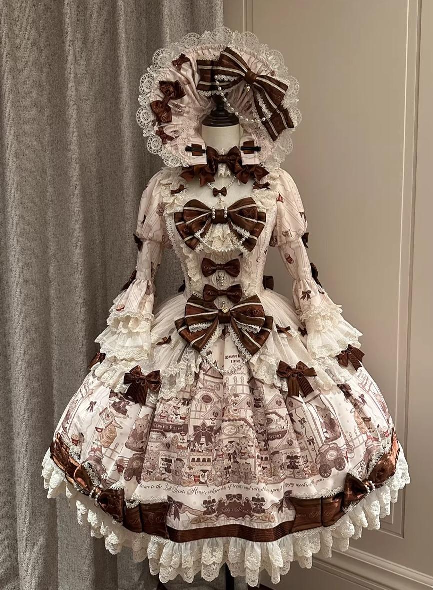 Little Bear Workshop - Primted Sweet Lolita Dress, Long Sleeved Blouse 44573:813777