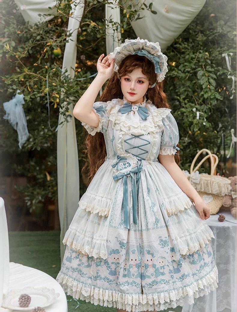 Showa Doll Garden - Elegant Plus size Lolita Dress, Bunny & Lamb Print 44534:812174