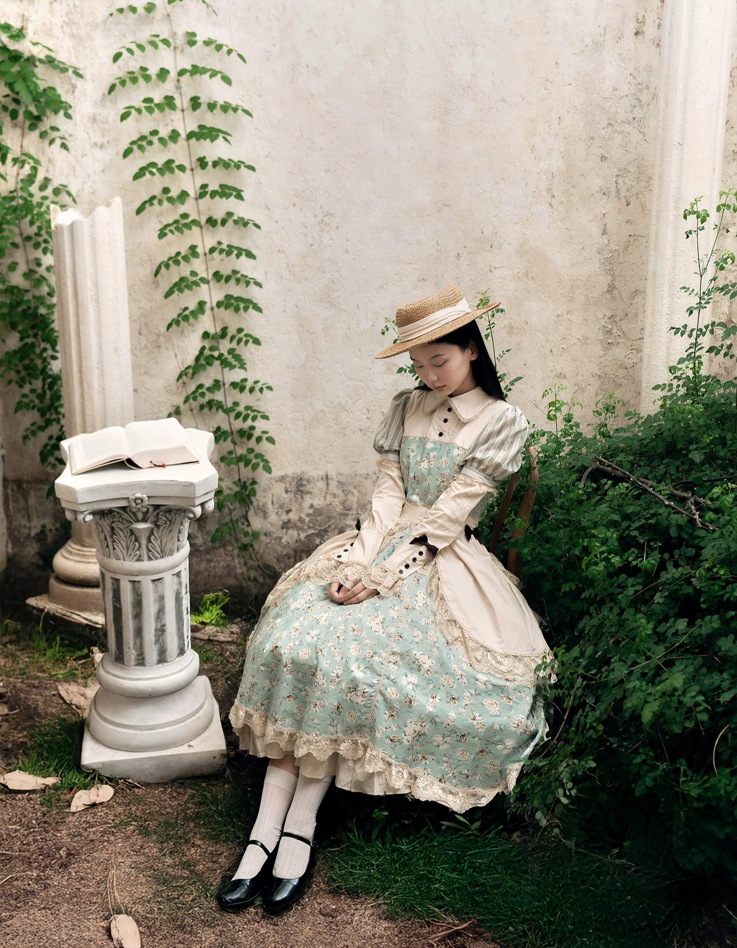 Wild Lotus Collection - Cotton Old School Lolita Dress, Floral Print 45395:850816