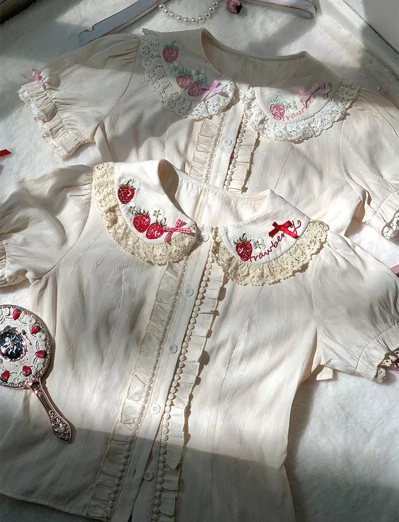 Sweet Lolita Jacquard Blouse, Strawberry Embroidery Collar 45673:858101