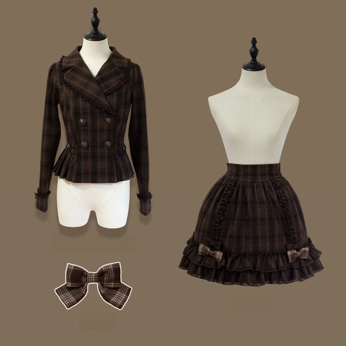 Filled Chocolate - Winter Classic Lolita Plaid Coat Set, Detachable Plush Collar (L M S XL XS) 45900:867151