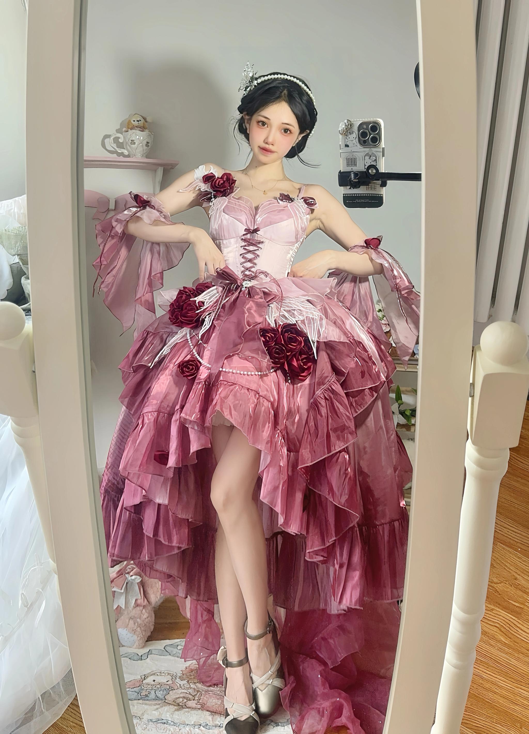 Meowing and Fruity - Swan Wonderland - Fairy Lolita JSK with High-Low Hem Plum Red - Large Set (JSK+detachable sleeves+trailing set) S