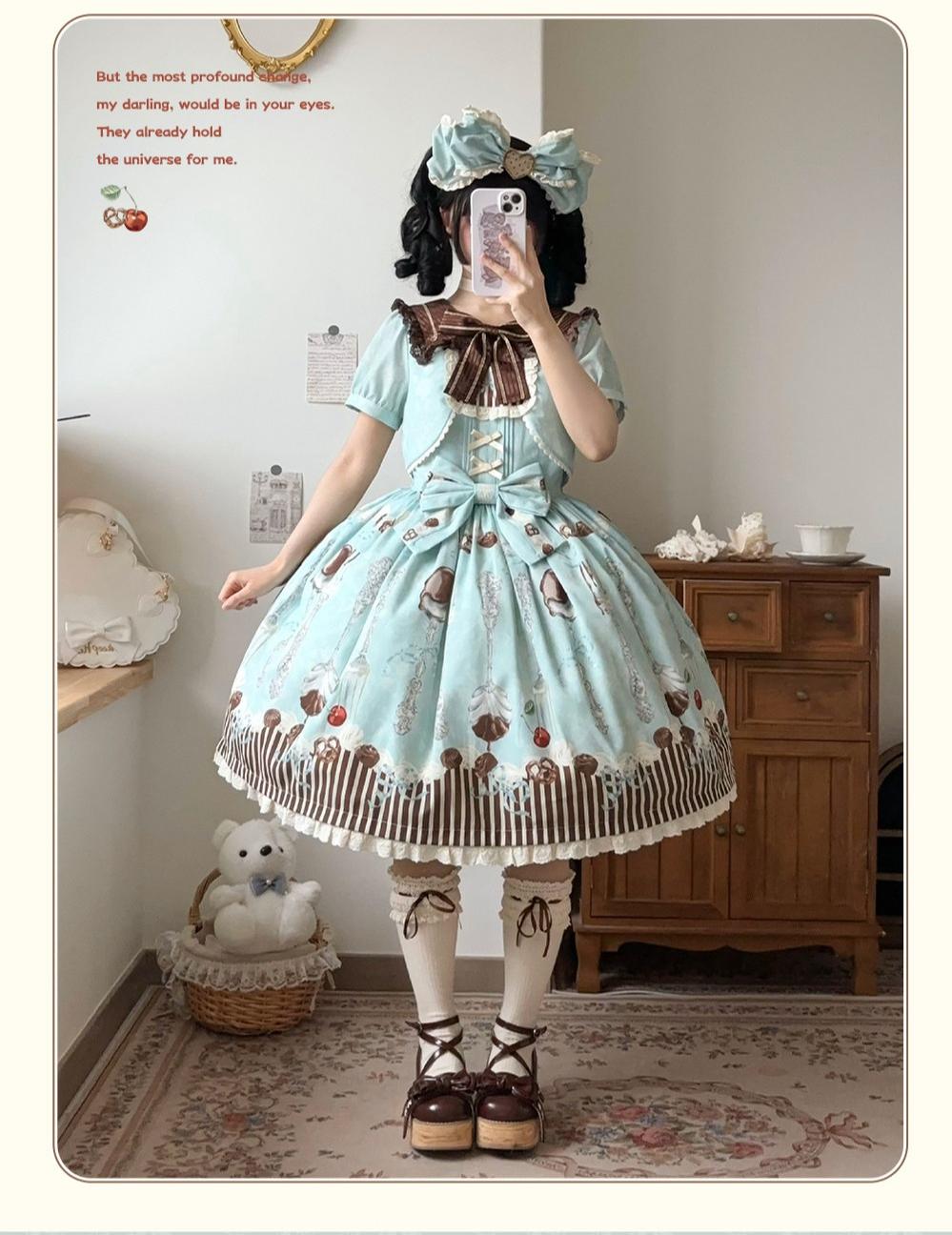 Dessert - Kawaii Lolita Sailor Collar OP Dress, Chocolate & Fork Print 44905:827097