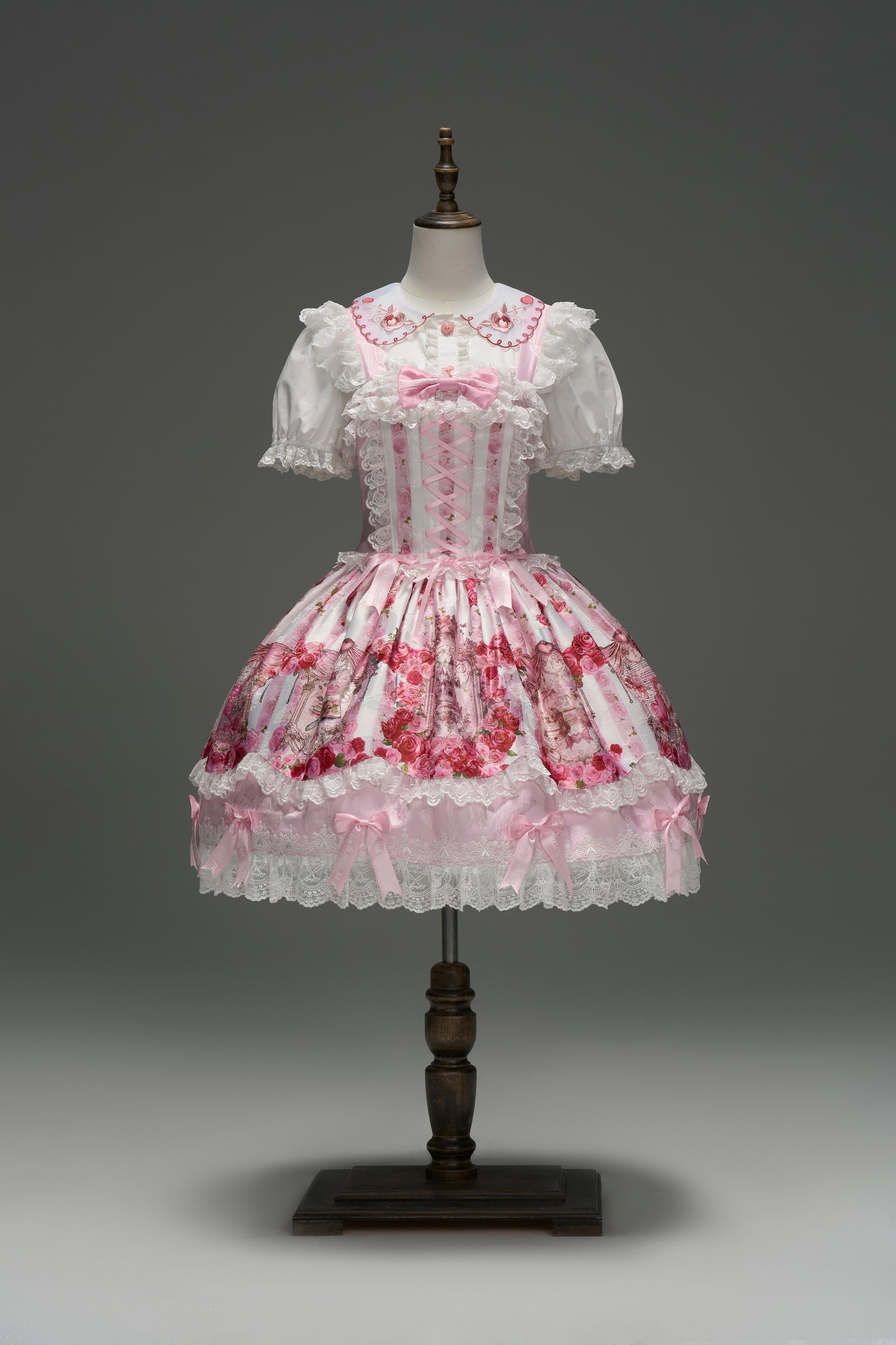 Rose Dream Isle - Sweet Lolita Rose Wall Print Dress, Embroidery & Bows JSK XS