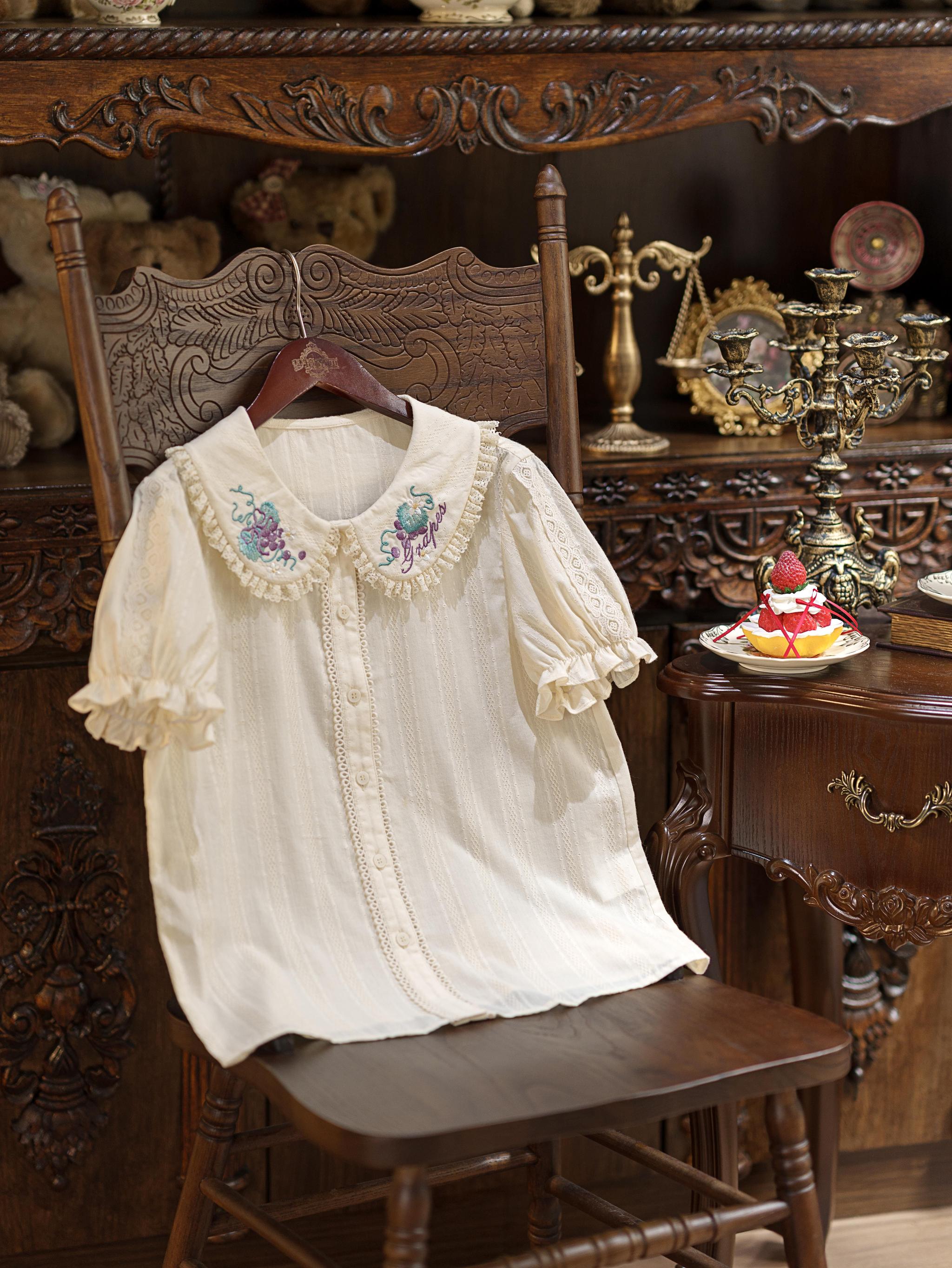 Abundant Tea Time - Kawaii Lolita Blouse, Cotton & Embroidery Purple Grape S
