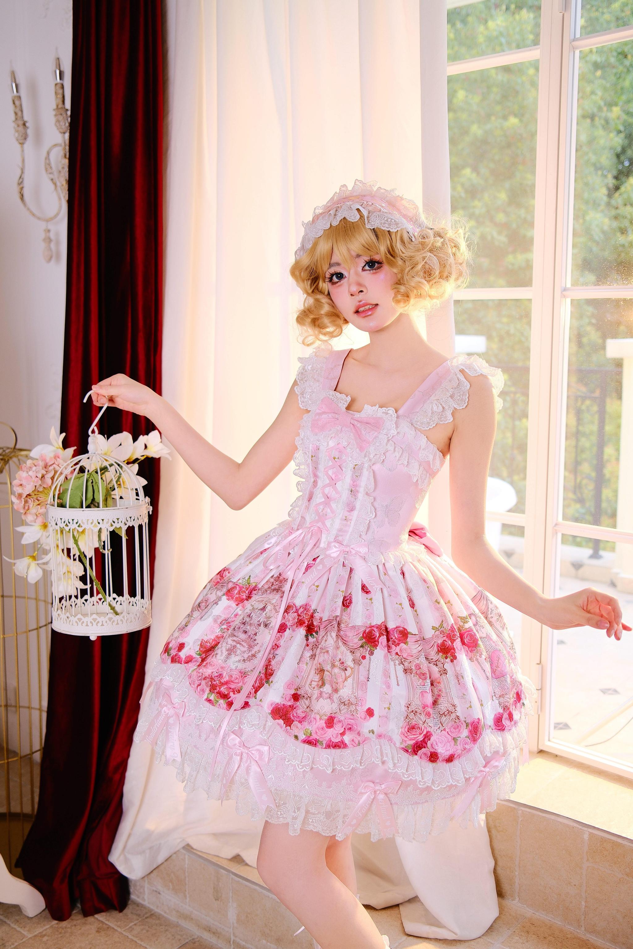 Rose Dream Isle - Sweet Lolita Rose Wall Print Dress, Embroidery & Bows