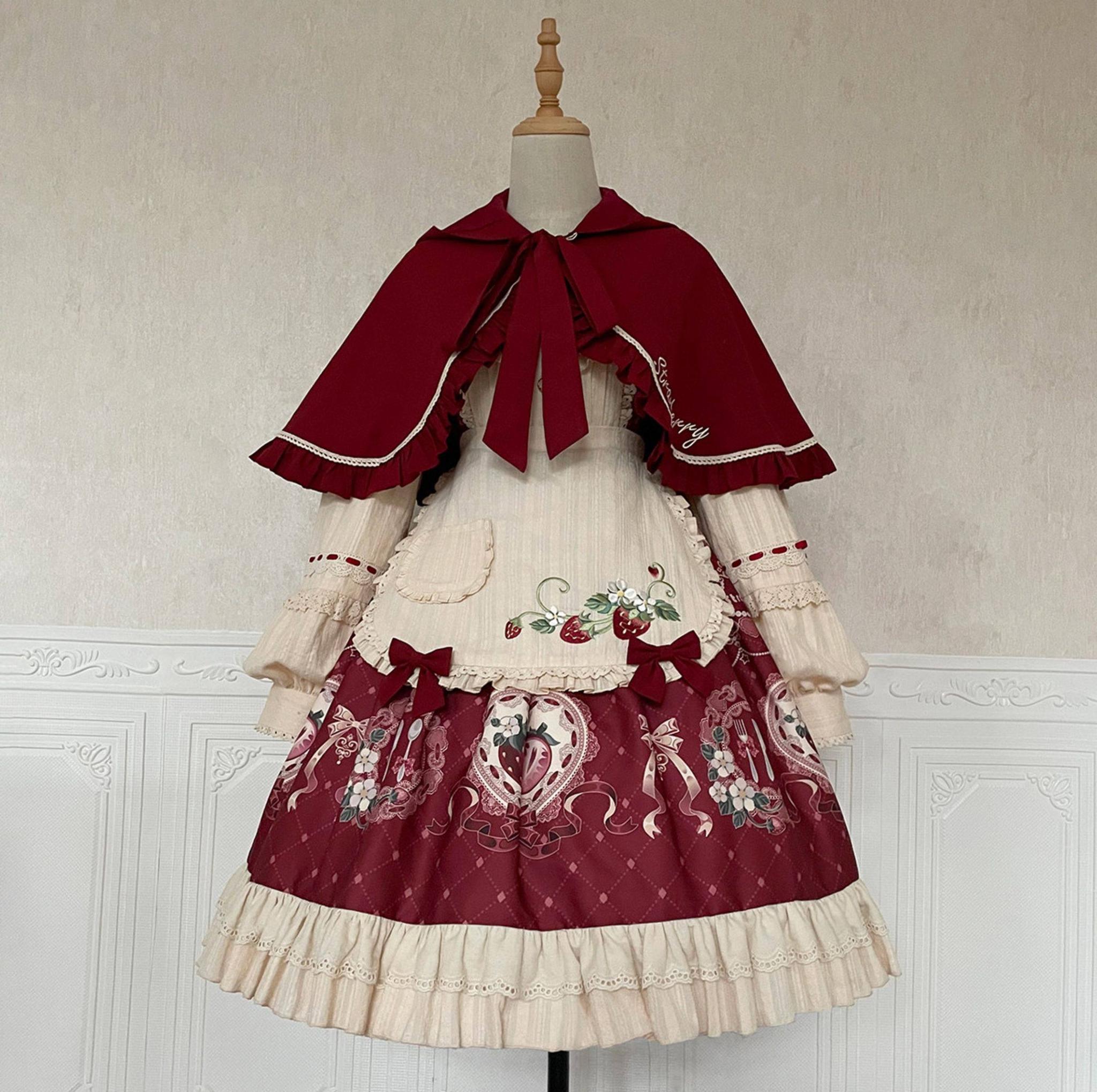 Strawberry Diary - Sweet Lolita Strawberry Print OP Dress with Cape OP + Apron + Cape S