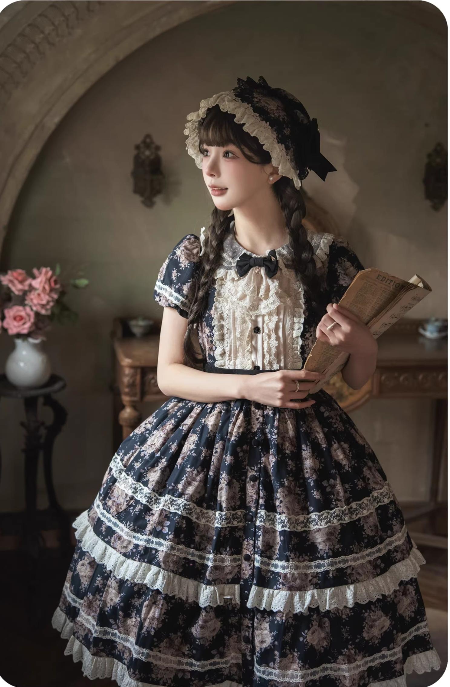 Black Rose - Printed Old School Lolita Dress, Front Opening