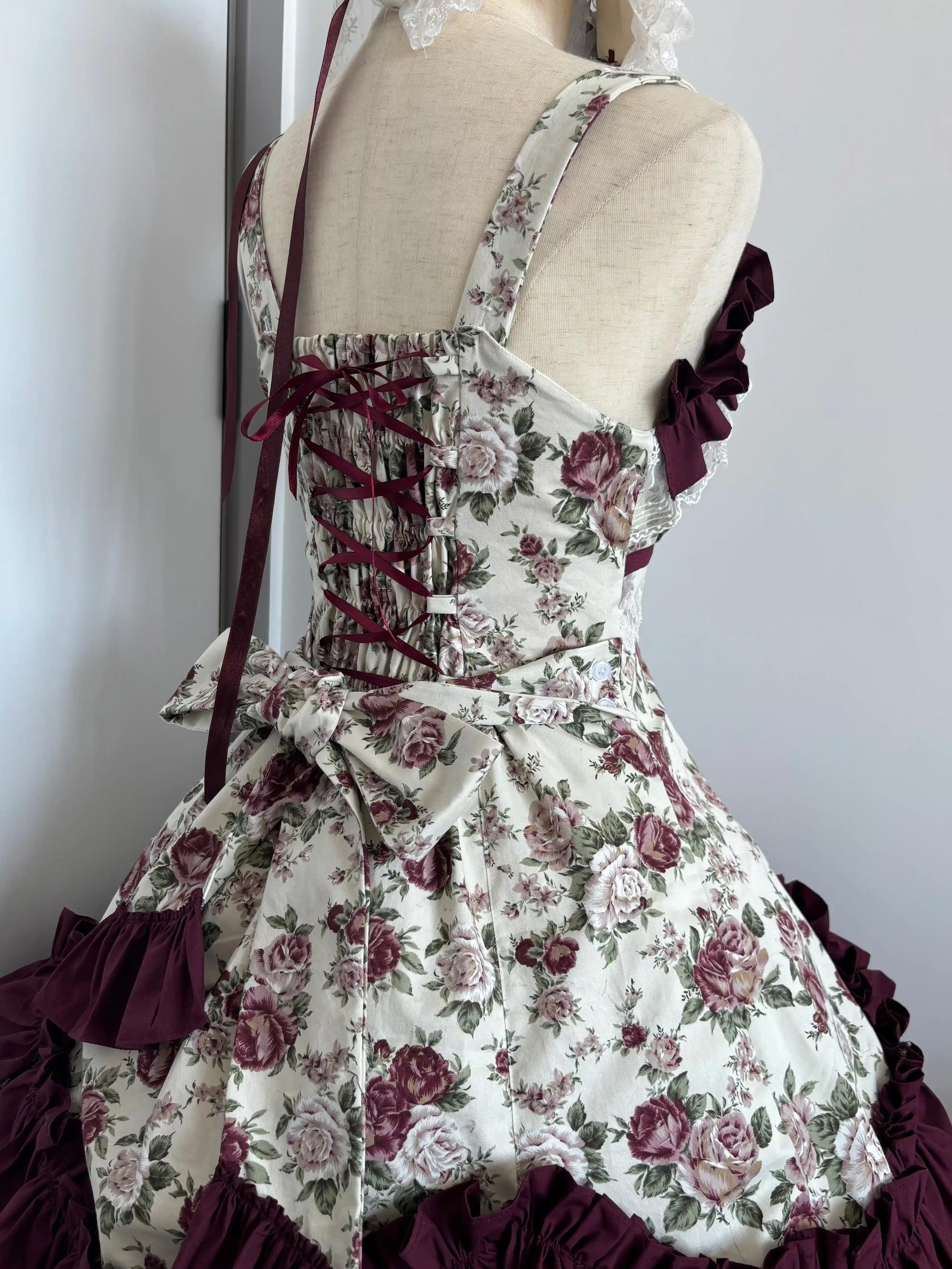 Burgundy Rose - Floral Printed Old School Lolita JSK, Elegant Cape