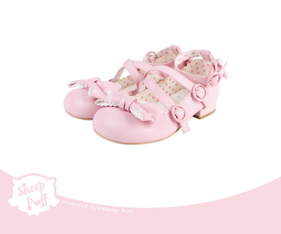 Sheep Puff~Swirly Pop~Sweet Lolita Shoes Polka Dot Lolita Mid Heels Shoes 34 Low heel - pink 