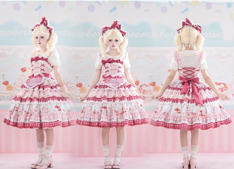 Cherry Cake - Printed Sweet Lolita JSK Dress, Embroidered Apron 44904:827174