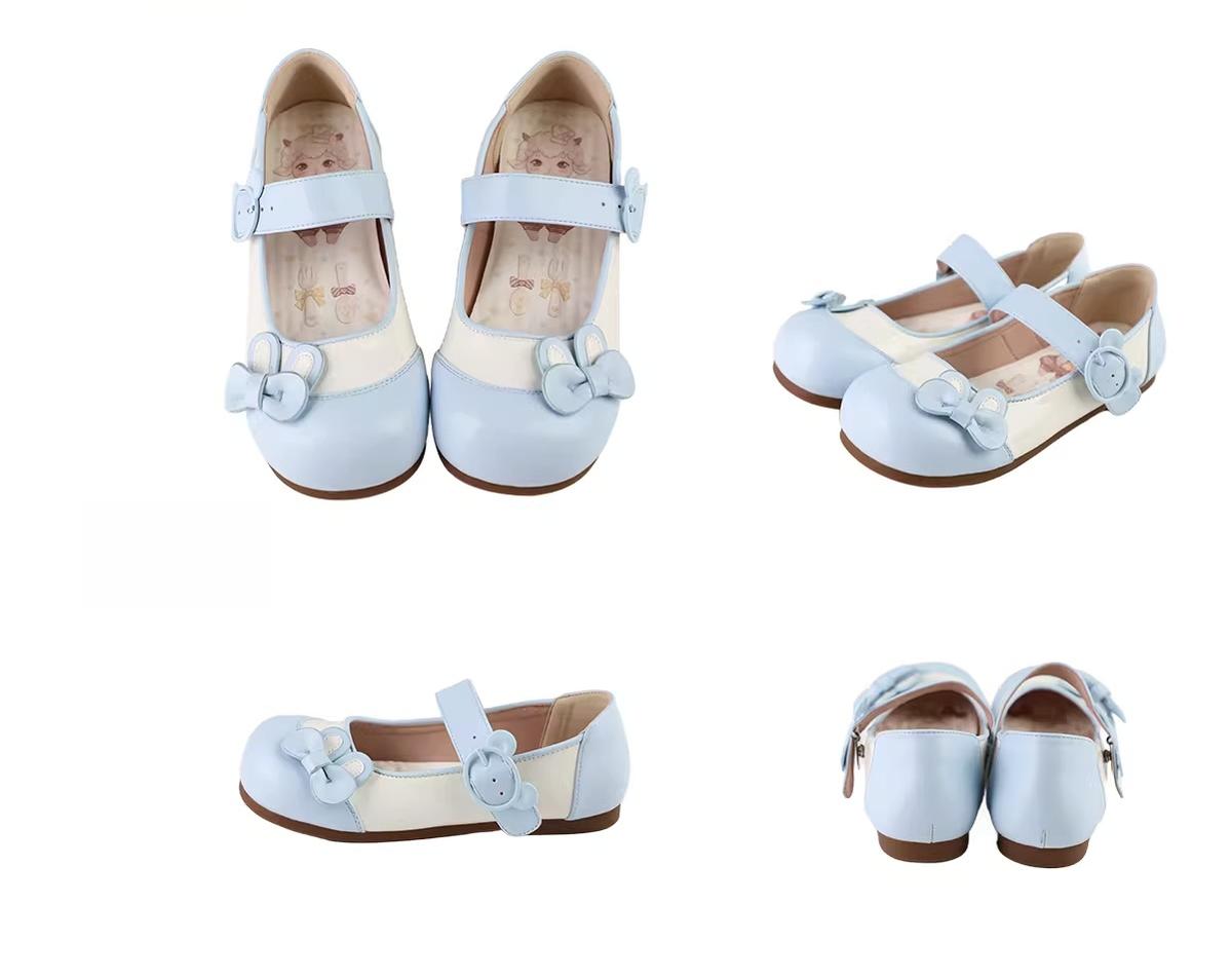Bunny Milk Candy - Kawaii Lolita Flat Shoes, 3D Bunny Ear Bow Blue 34