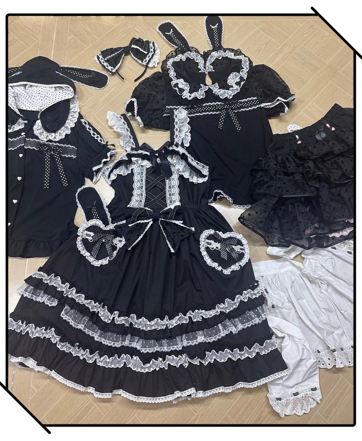 Little Dessert Chef - Old School Lolita JSK Dress, Cream-Like Ruffle Black and White JSK + Waist Bow S