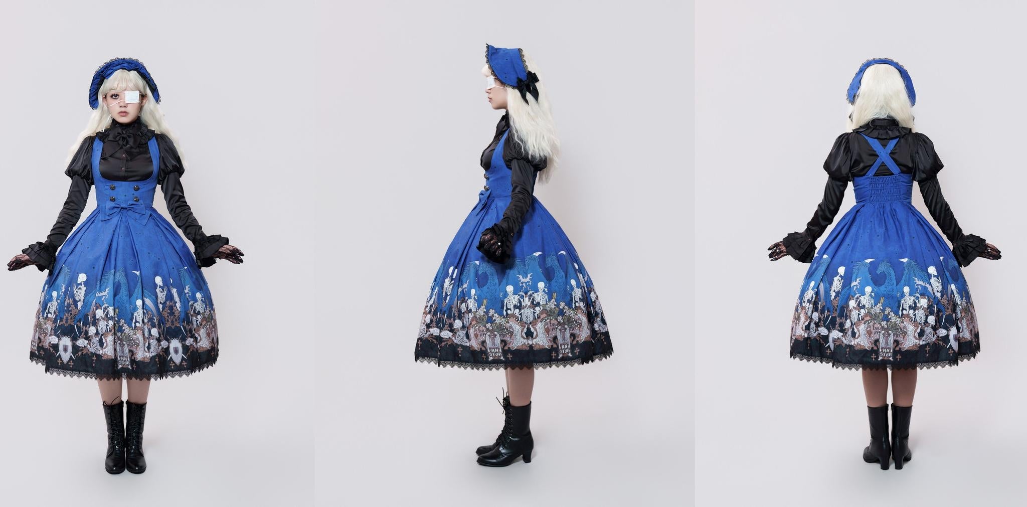 Dragon Bone Lily - Vintage Gothic Lolita Dragon & Skeleton Print JSK Dress