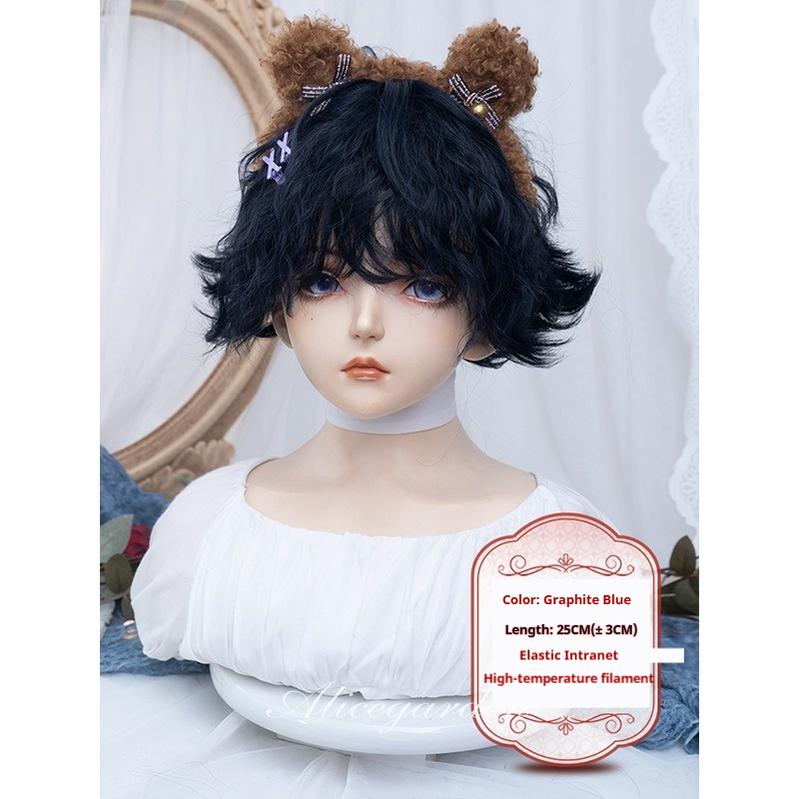 Alicegarden - Ouji Lolita Wig Short Curly Male Lolita Wig Graphite Blue Wig with Hairnet