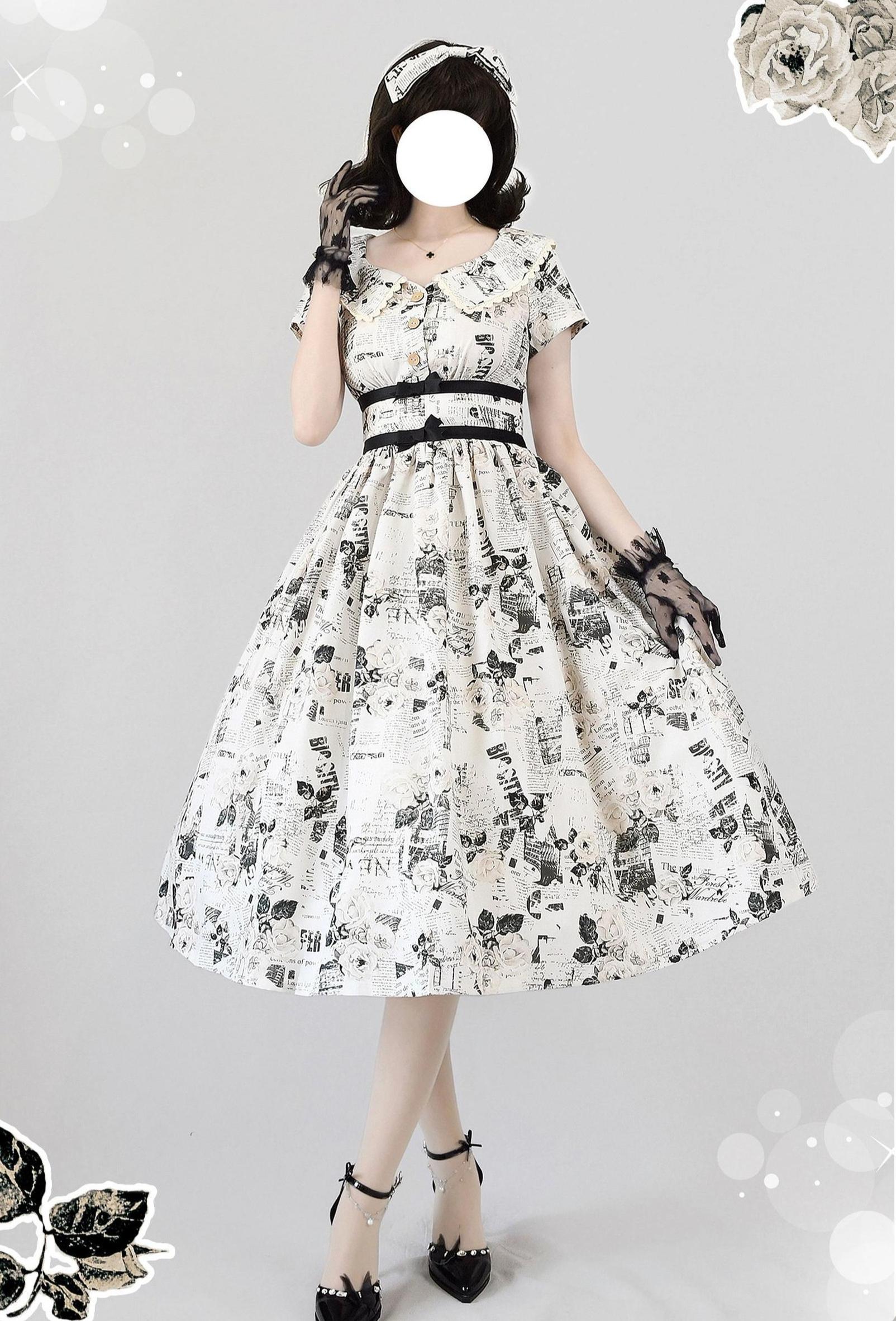 Forest Holiday - Vintage Classic Lolita Newspaper Printed OP Dress (2XL L M S XL) 45505:850815