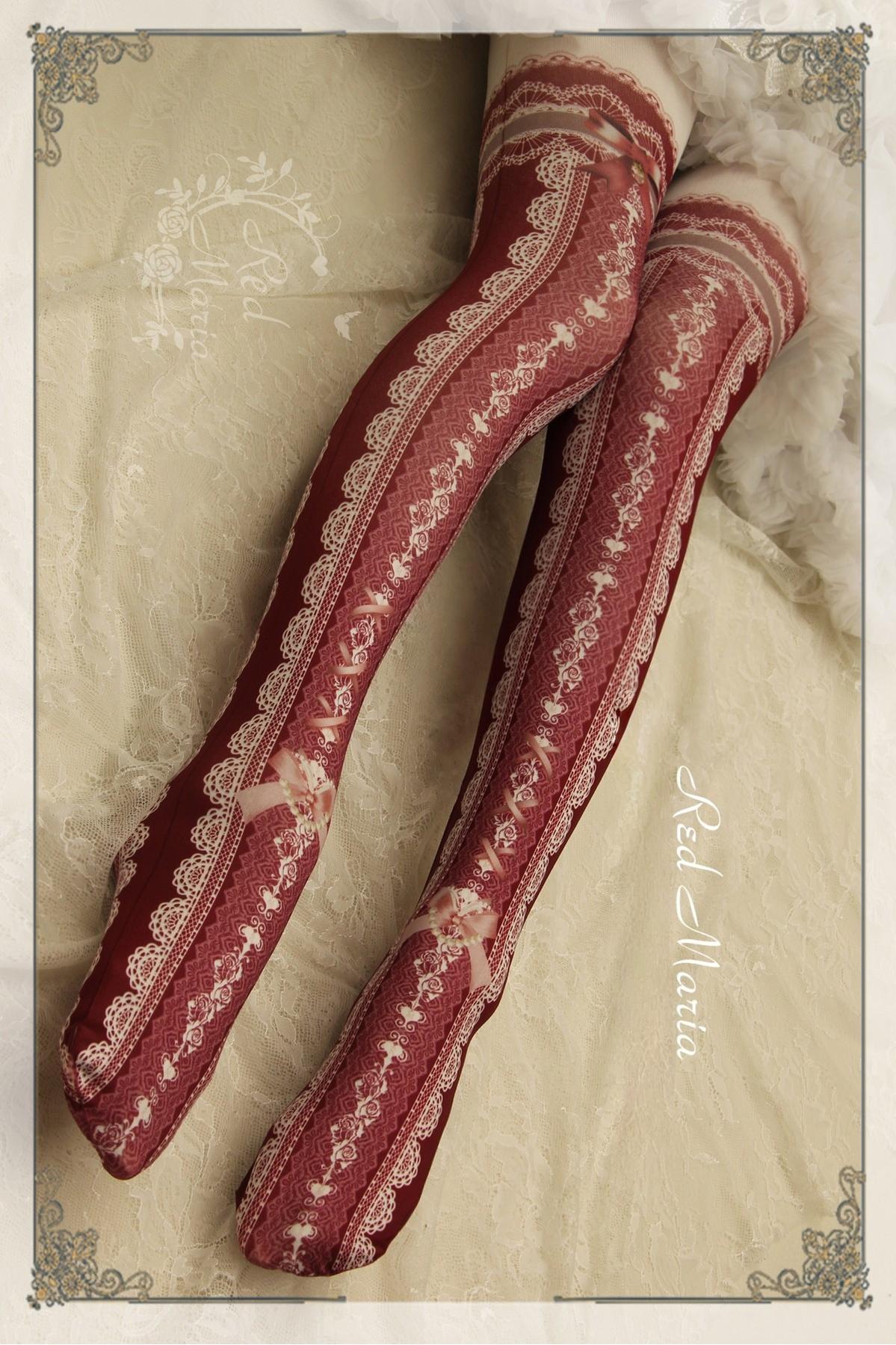 Lace Printed Bow 80D Lolita Tights Multicolors One Size Wine Red