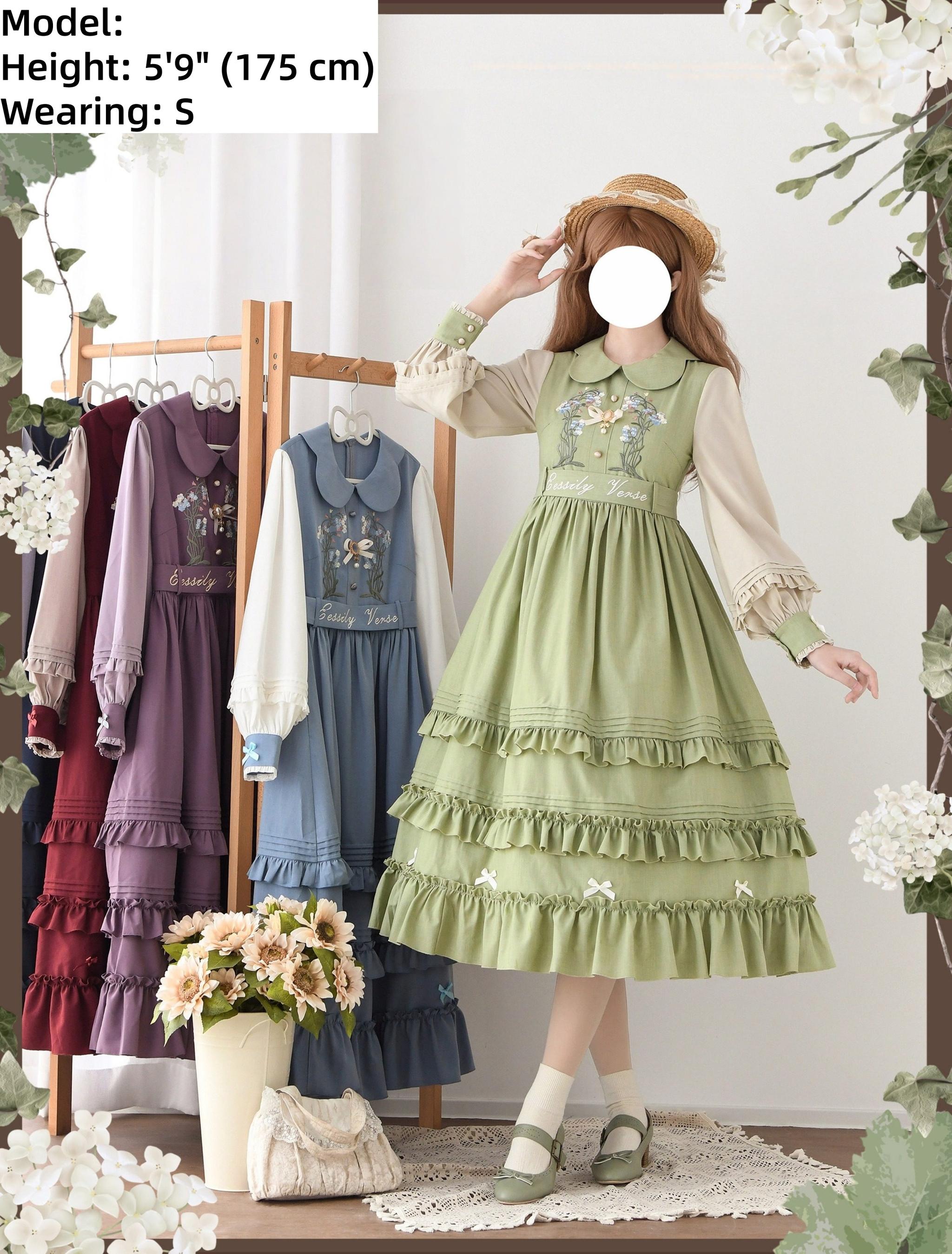 Verdant Name - High-waisted Classic Lolita Dress, Embroidered Bellflower