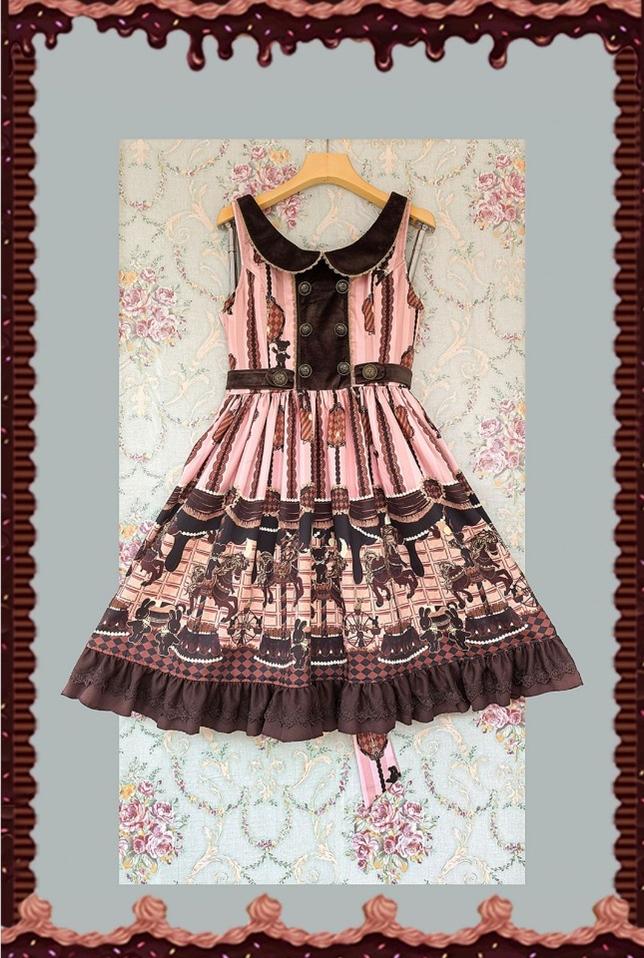 Chocolate Carousel - Peter Pan Collar Old School Lolita JSK Dress, Carousel Print