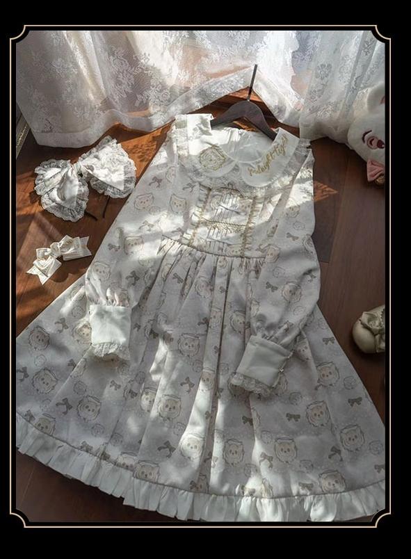 Tiger in Autumn - Kawaii Lolita OP Dress Set, Tiger Print White Dress Only S