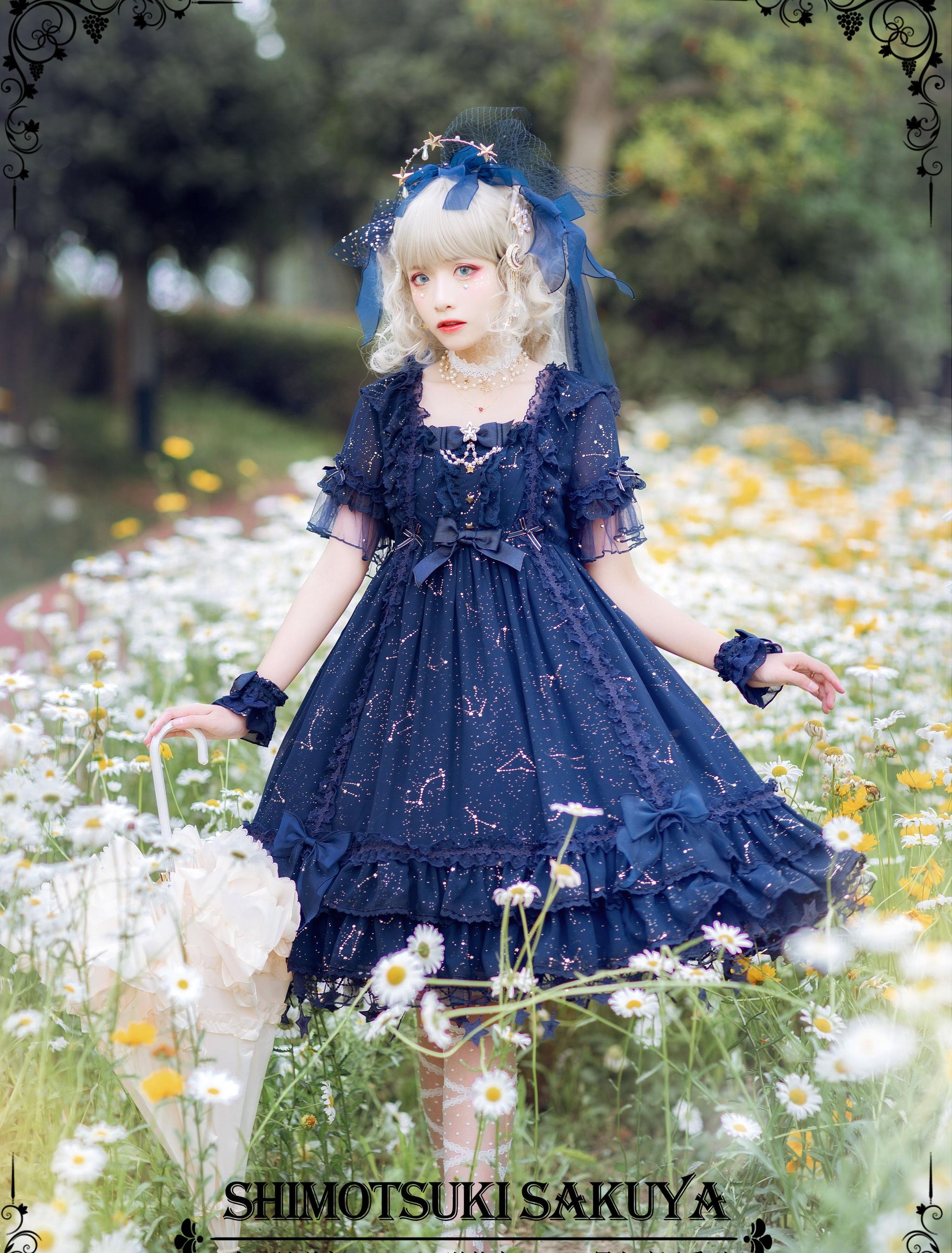 Whisper of Stars - Vintage Lolita Black OP Dress, Constellation-Themed 4556:632516