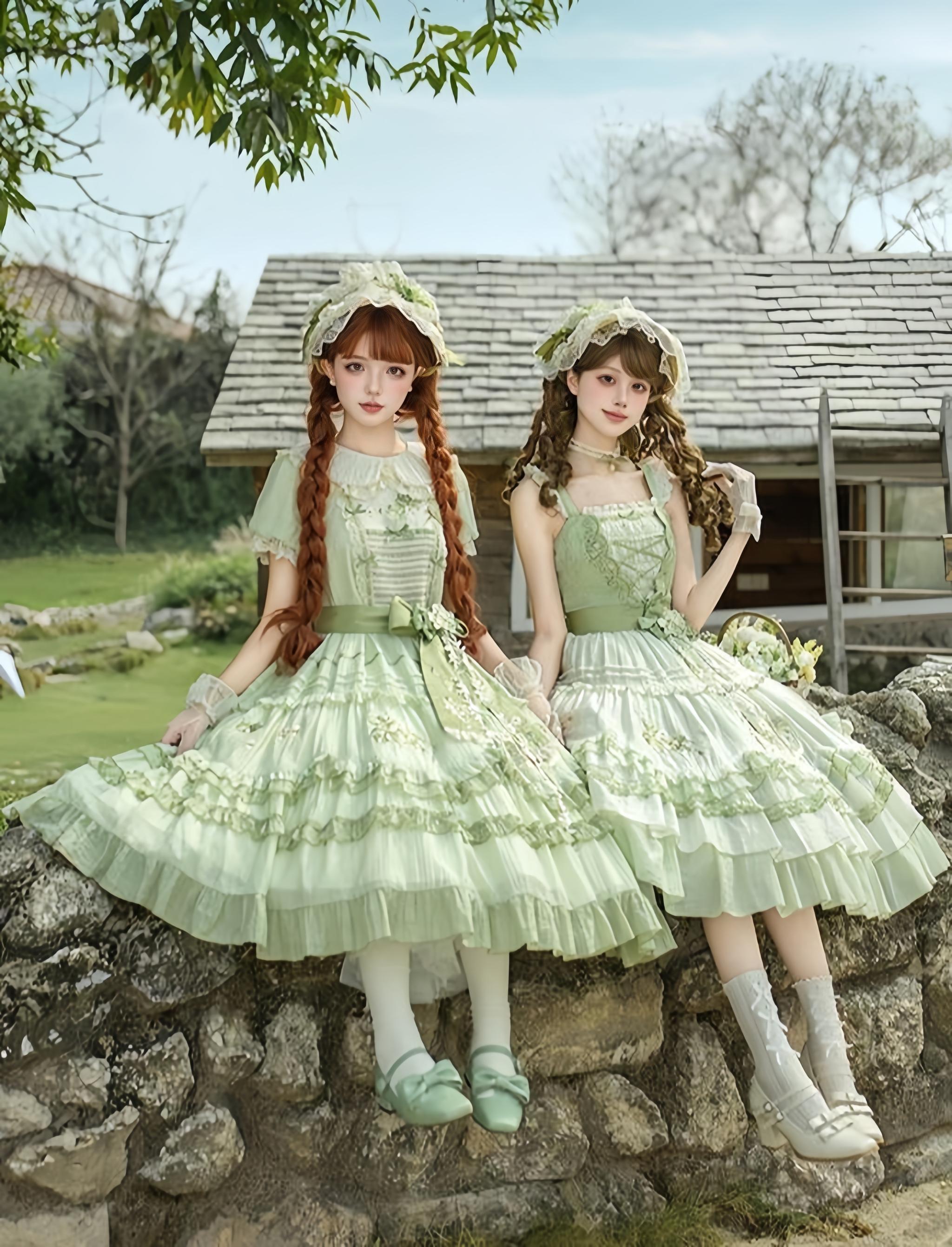 Green Grape - Embroidered Country Lolita OP Dress, Tiered JSK