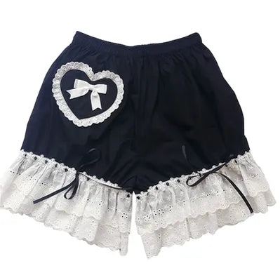 Candy Sweet - Cotton Lolita Bloomers Lace Home Shorts black with white lace L