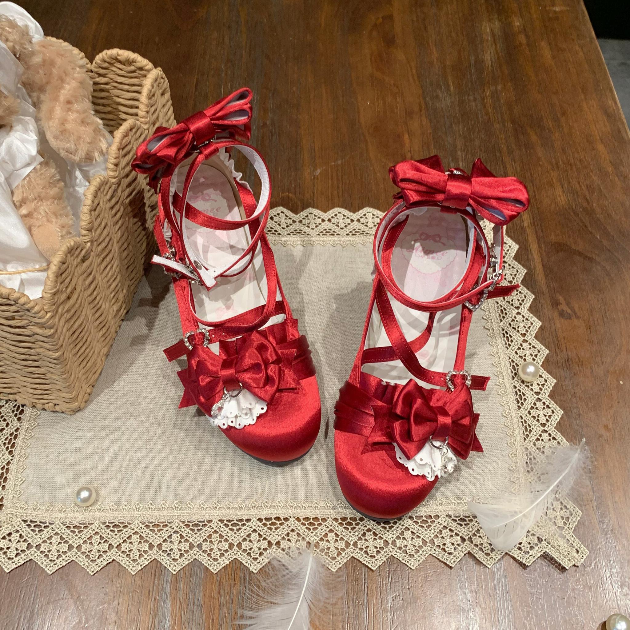 Thousand Knots - Classic Lolita Satin Heels Shoes, Bow-shaped Heel Red 34