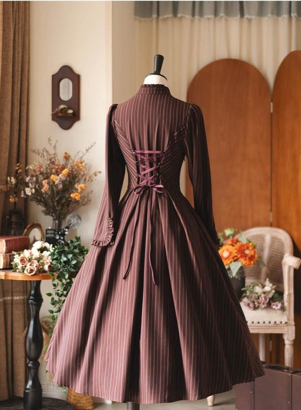 Forest Castle - Classic Lolita Long Striped Dress, Irregular Hem Vest 44441:809857