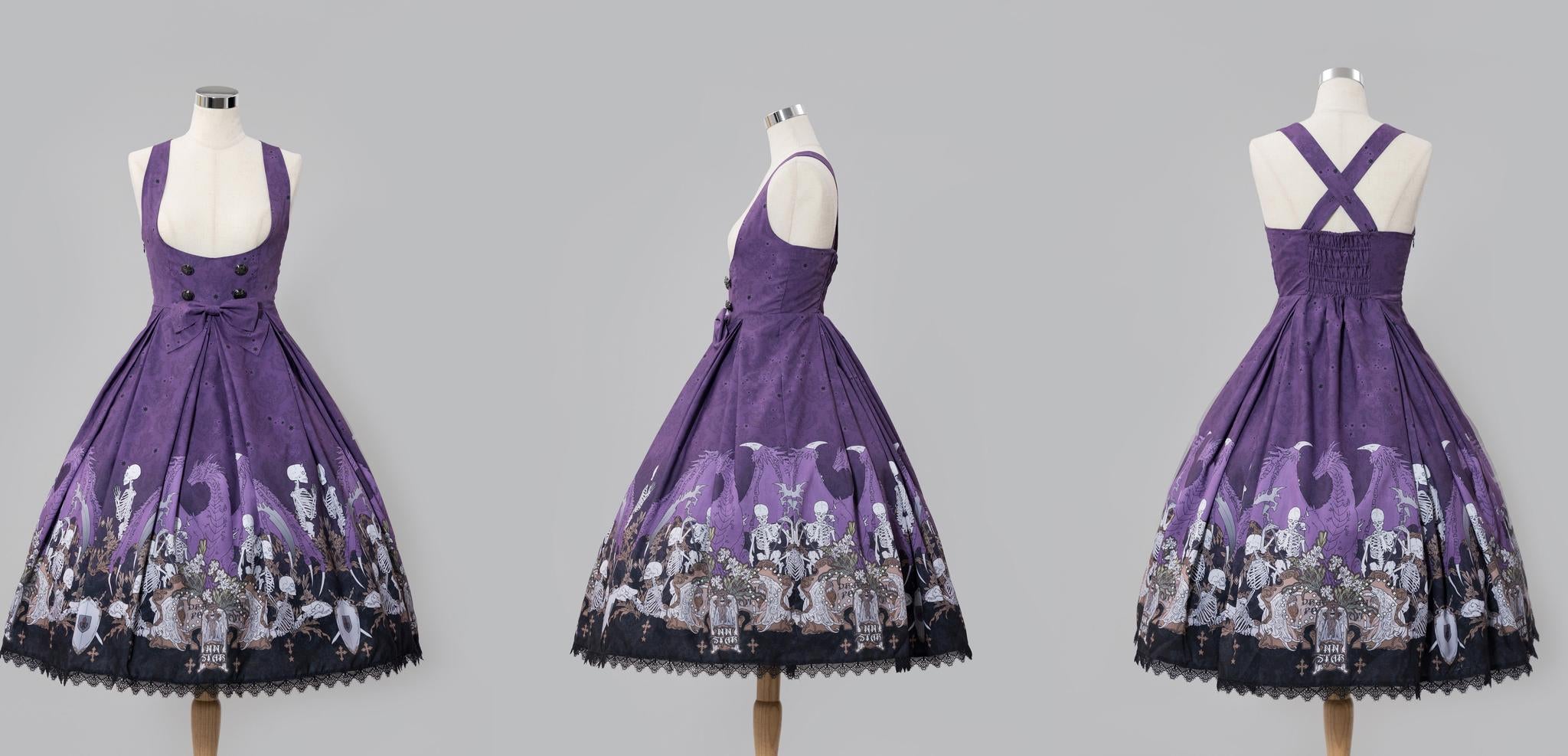 Dragon Bone Lily - Vintage Gothic Lolita Dragon & Skeleton Print JSK Dress