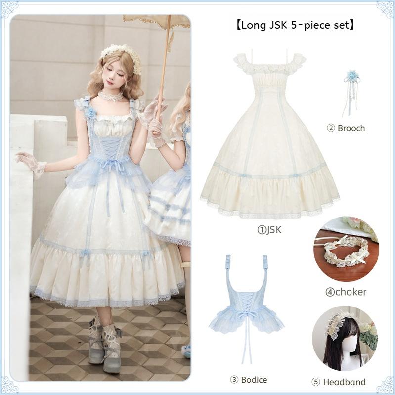 With PUJI - Sea Salt Iced Tea - Classic Lolita Dress, Fishbone Bodice Long JSK 5-piece Set (JSK + brooch + bodice + choker + headband) S