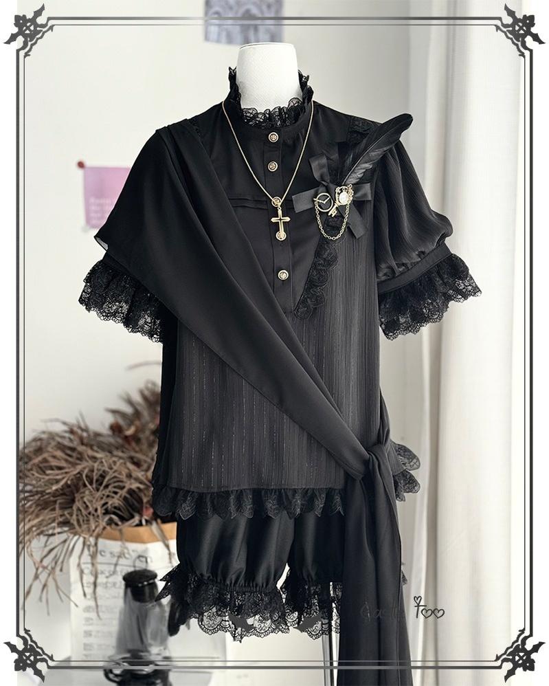 CastleToo - Black Moonlight - Ouji Lolita Chiffon Shirt Outfit Short-sleeved Shirt + Shorts + Scarf One Size